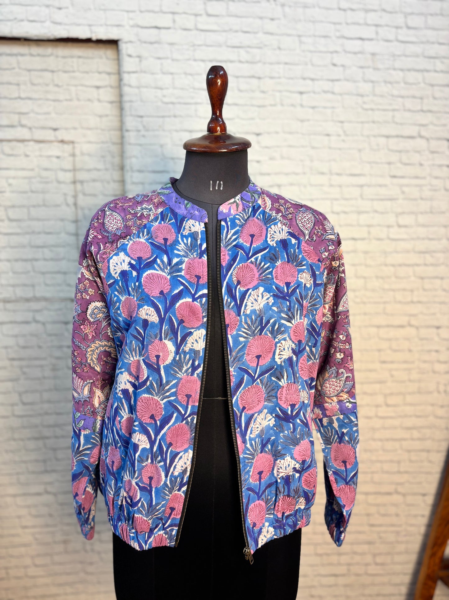 Purple Blue Hand Block Printed Unisex Bomber Jacket