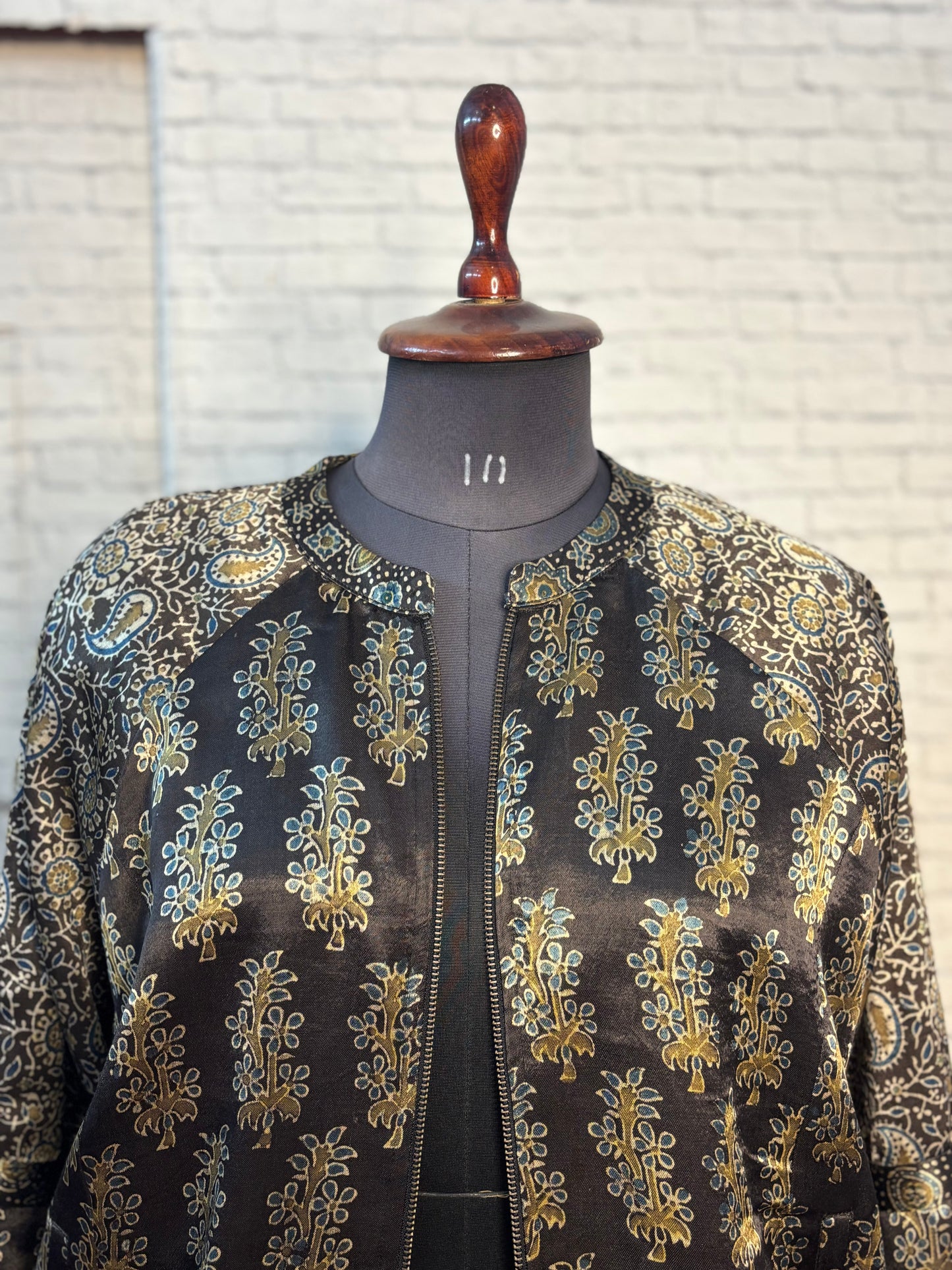 Black Olive Green Mashru Silk Ajrakh Unisex Bomber Jacket