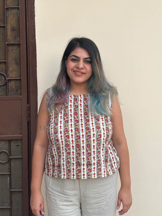 Green Red Hand Block Printed Sleeveless Crop Top