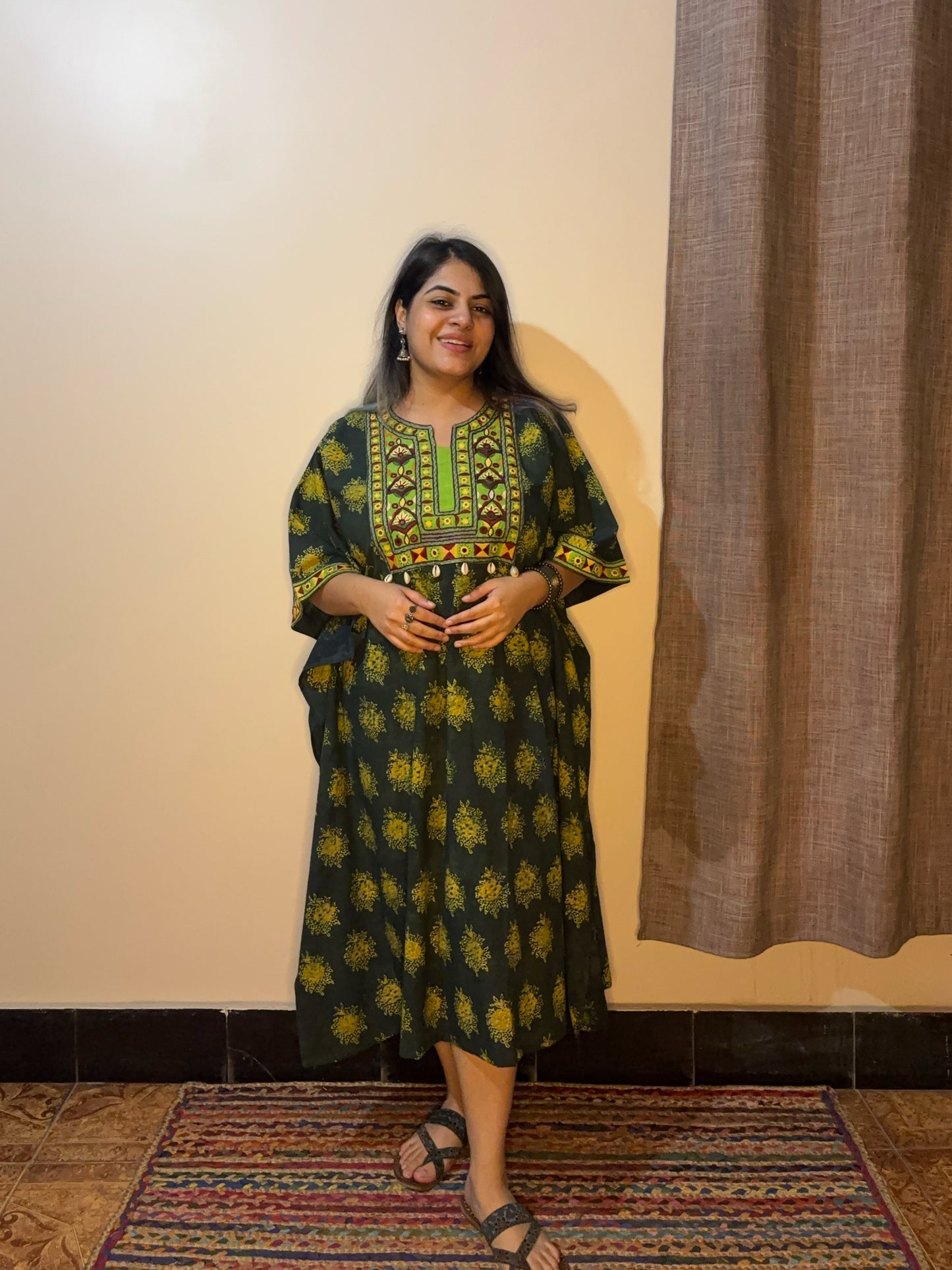 Green Ajrakh Hand Embroidered Patch Kaftan