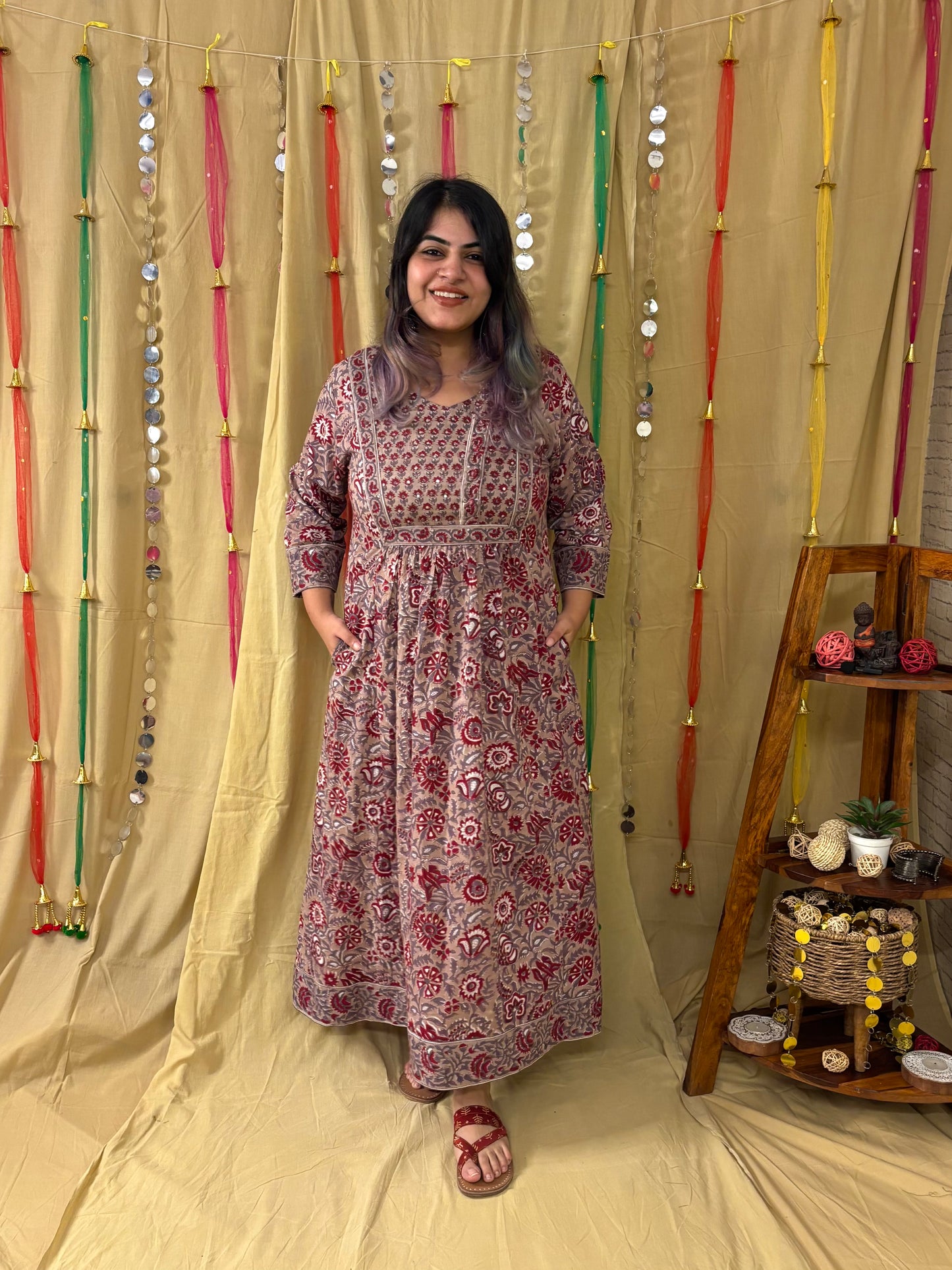 Inayat Hand Block Printed Patch Flared Maxi Dress with Hand Embroidery