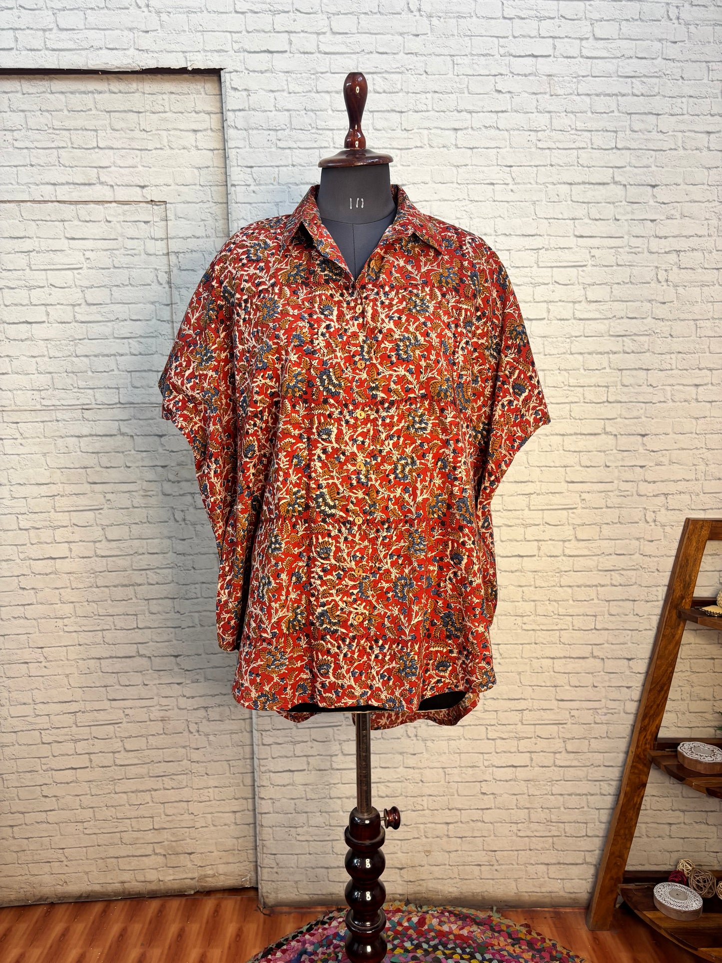 Red Kalamkari Hand Block Printed Cotton High Low Shirt Kaftan