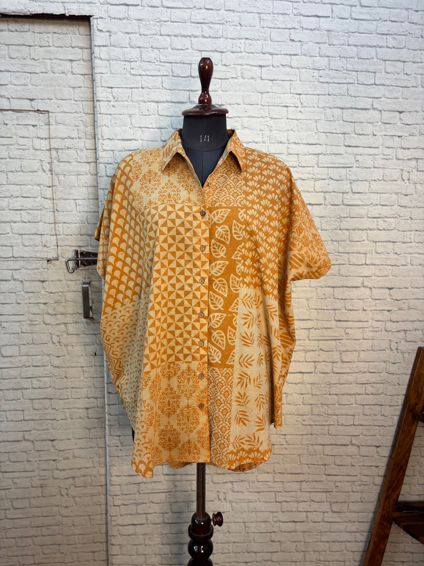 Orange Patch Dabu Cotton High Low Shirt Kaftan
