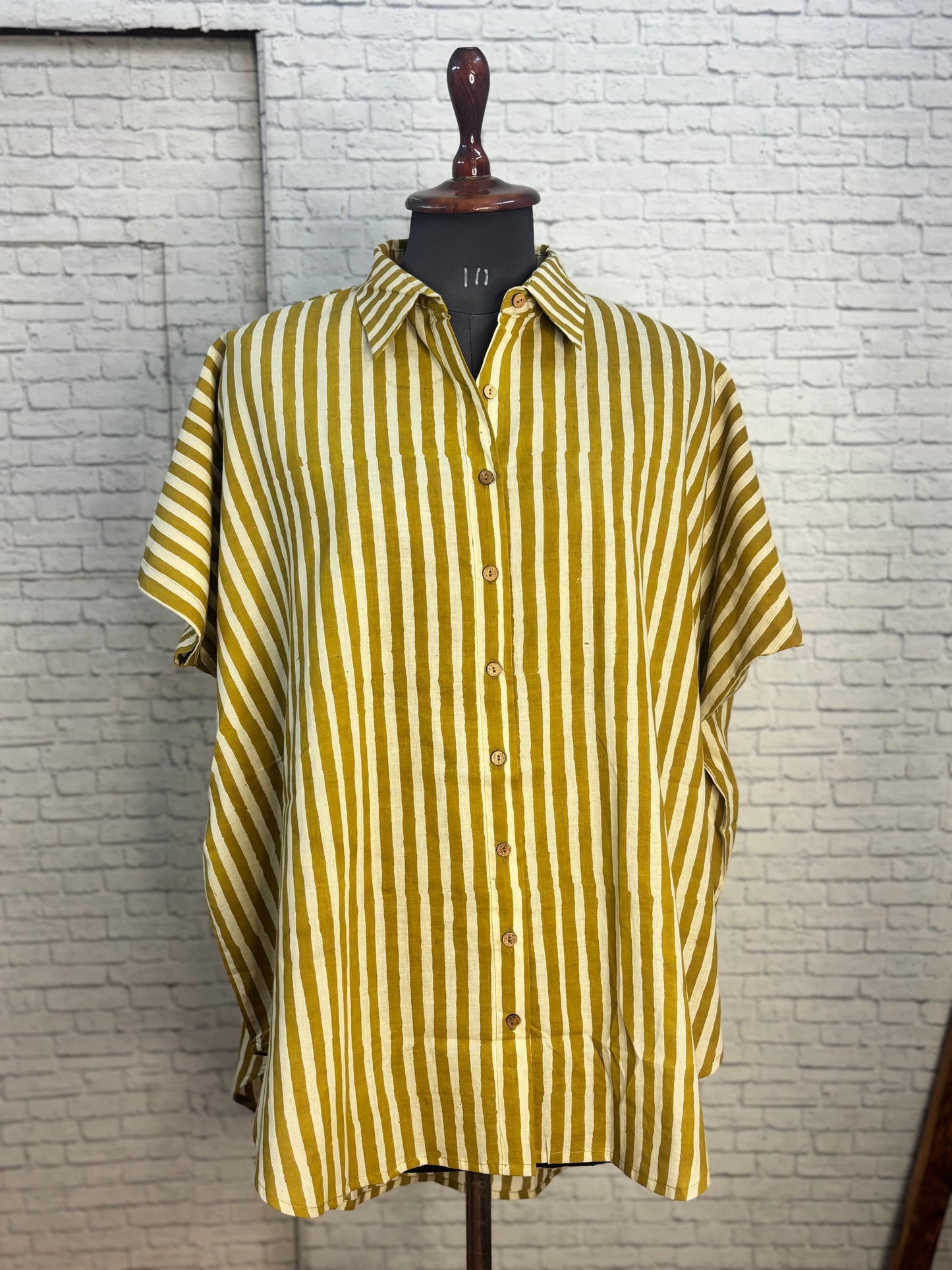 Yellow Stripes Bagru Cotton High Low Shirt Kaftan