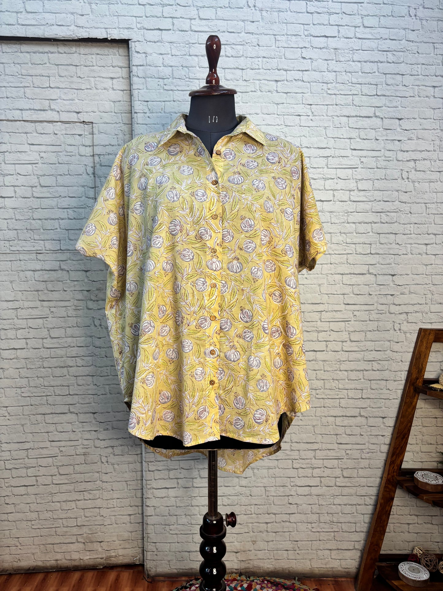 Lemon Yellow Hand Block Printed Cotton High Low Shirt Kaftan