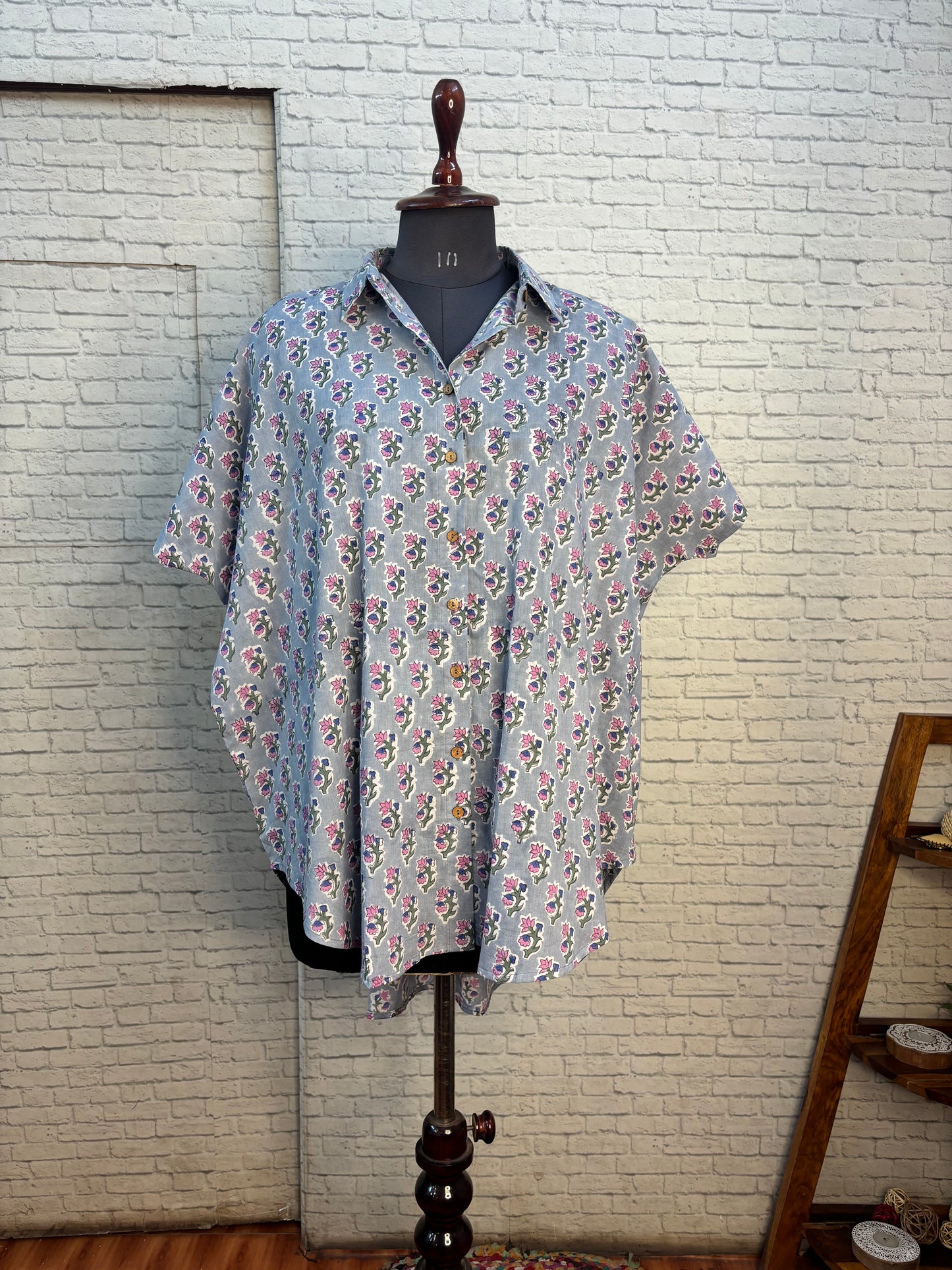 Grey Pink Hand Block Printed Cotton High Low Shirt Kaftan
