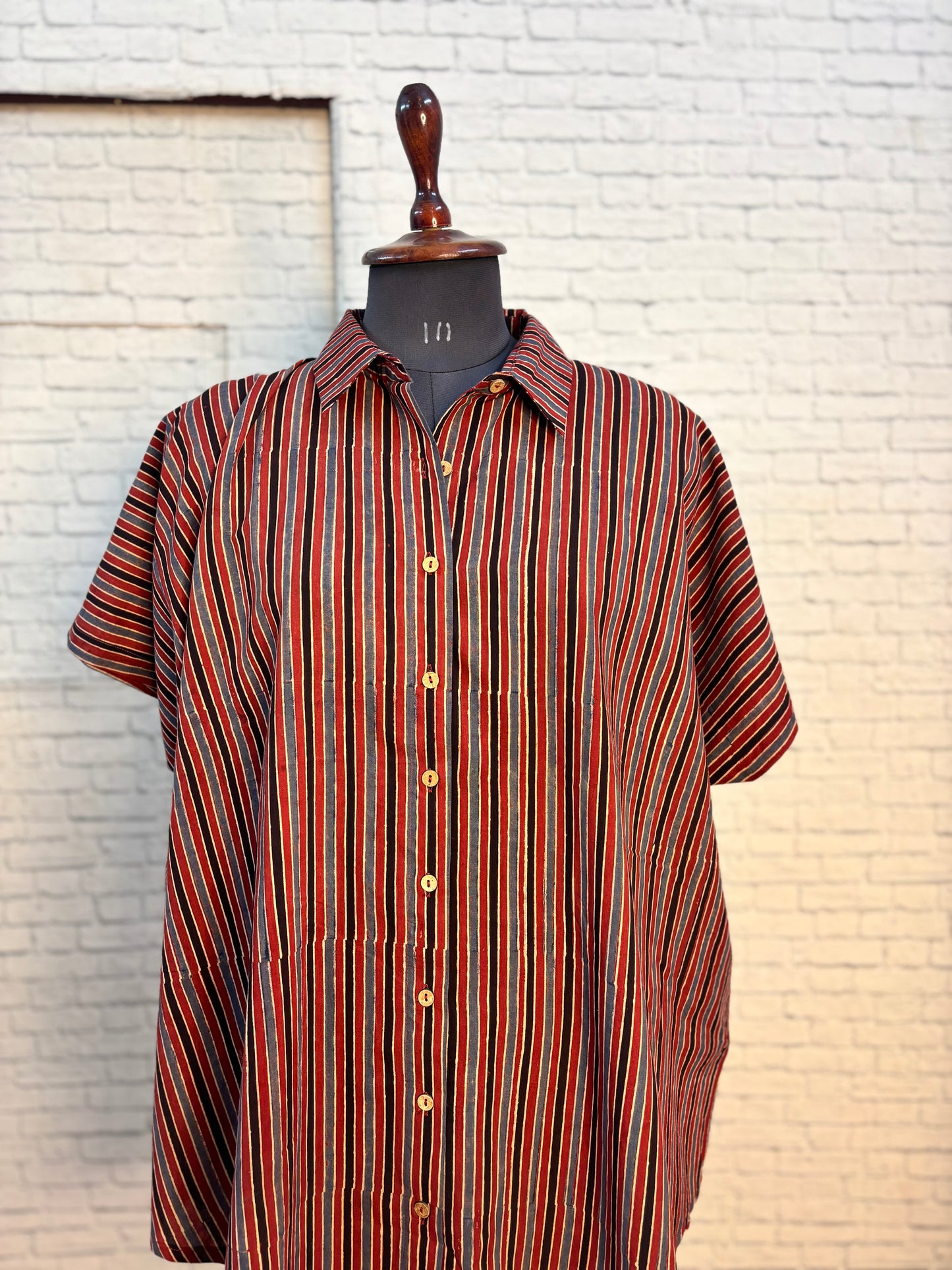 Red Blue Stripes Ajrakh Cotton High Low Shirt Kaftan