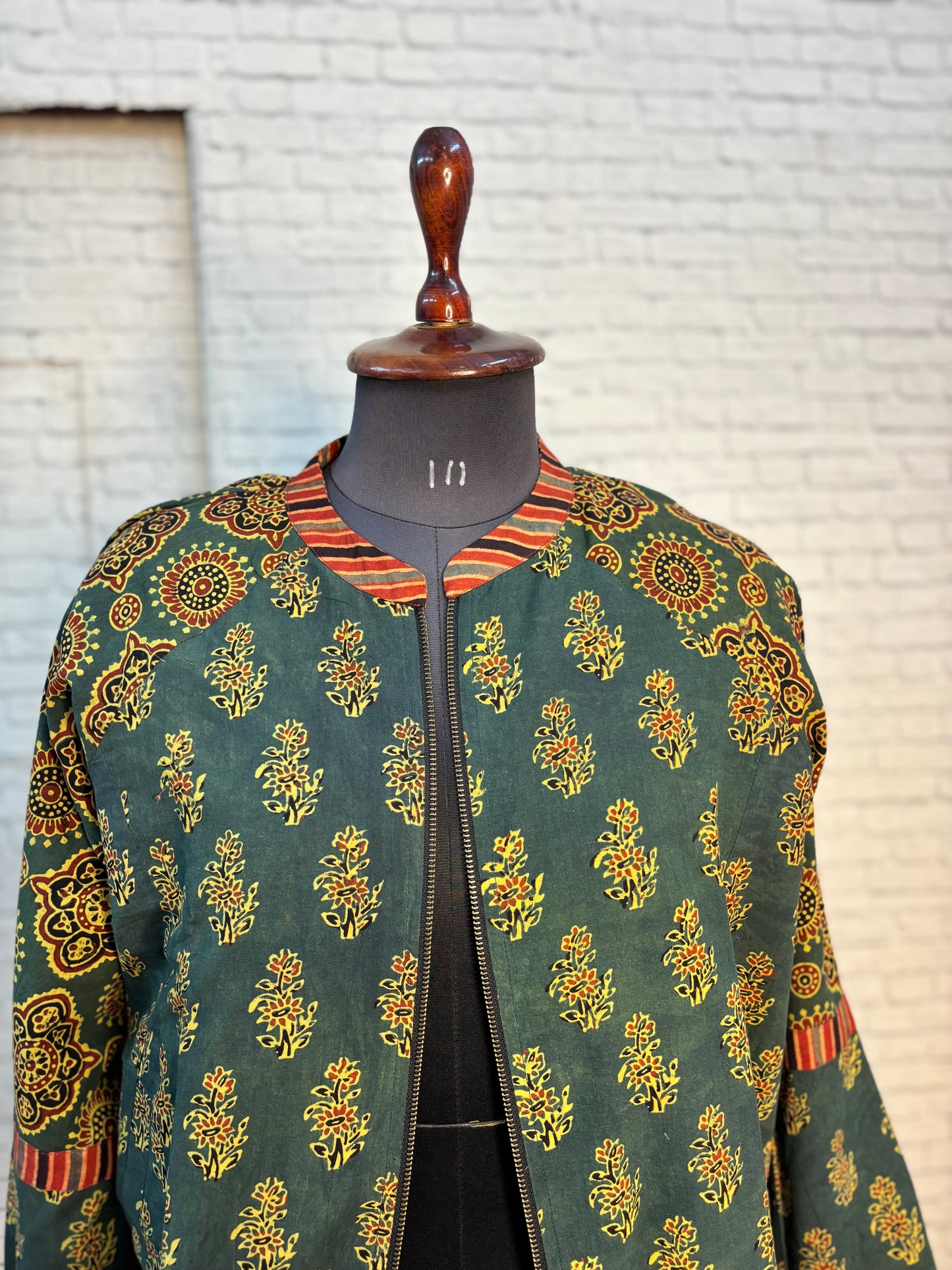 Green Ajrakh Hand Block Printed Unisex Bomber Jacket