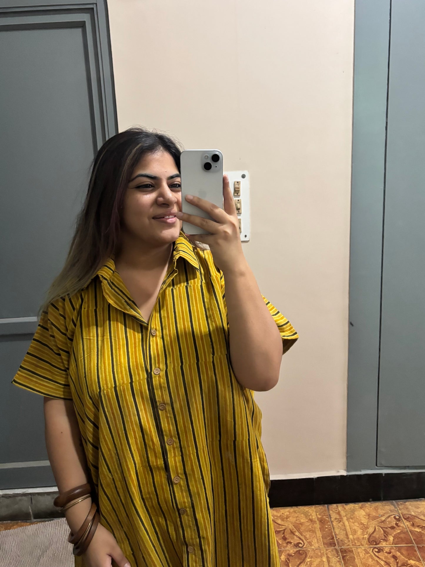 Yellow Stripe Ajrakh Cotton High Low Shirt Kaftan