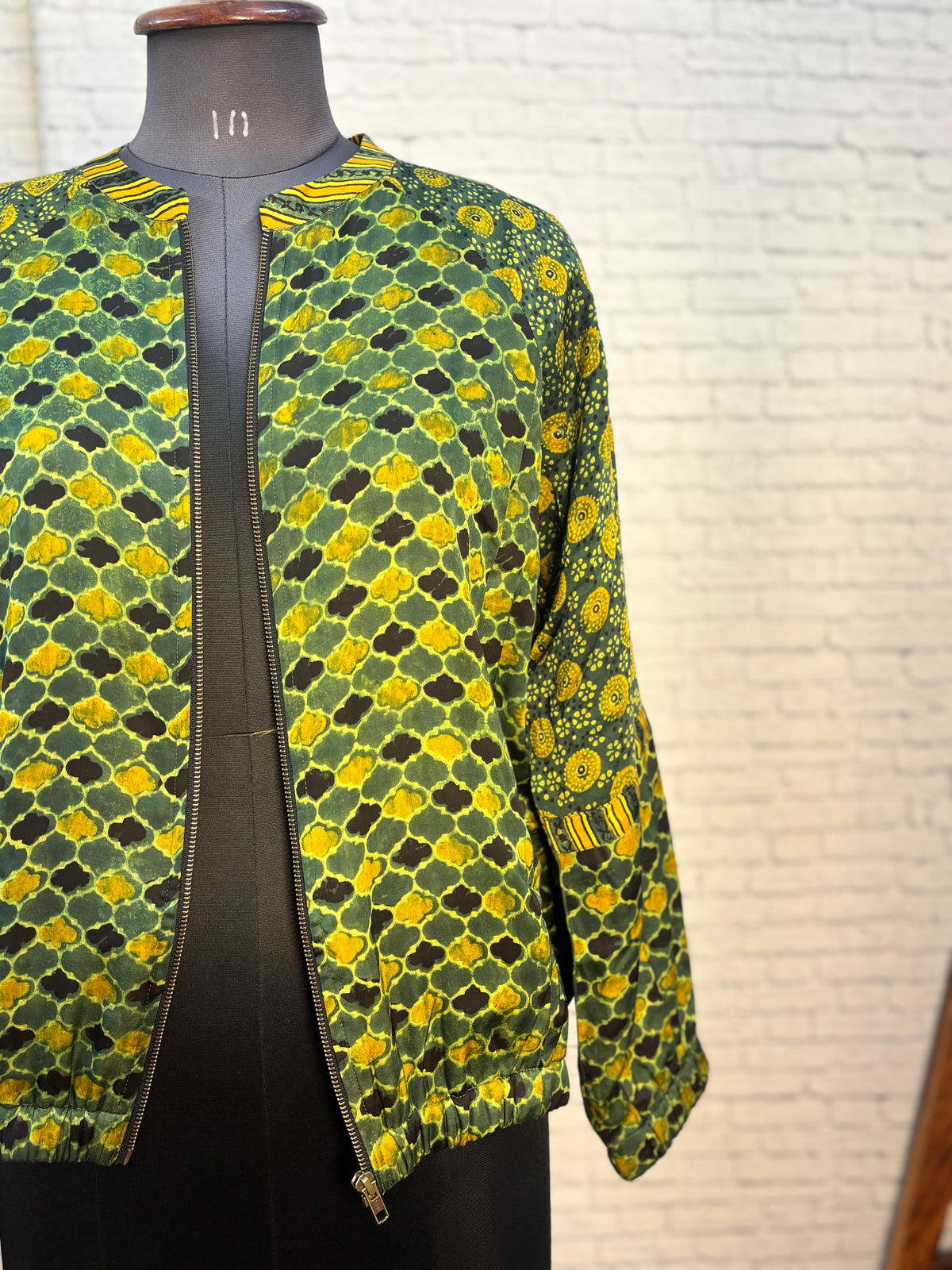 Green Modal Silk Ajrakh Unisex Bomber Jacket