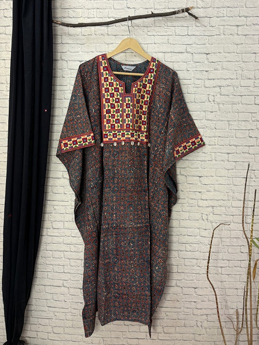 Indigo Red Ajrakh Hand Embroidered Patch Kaftan