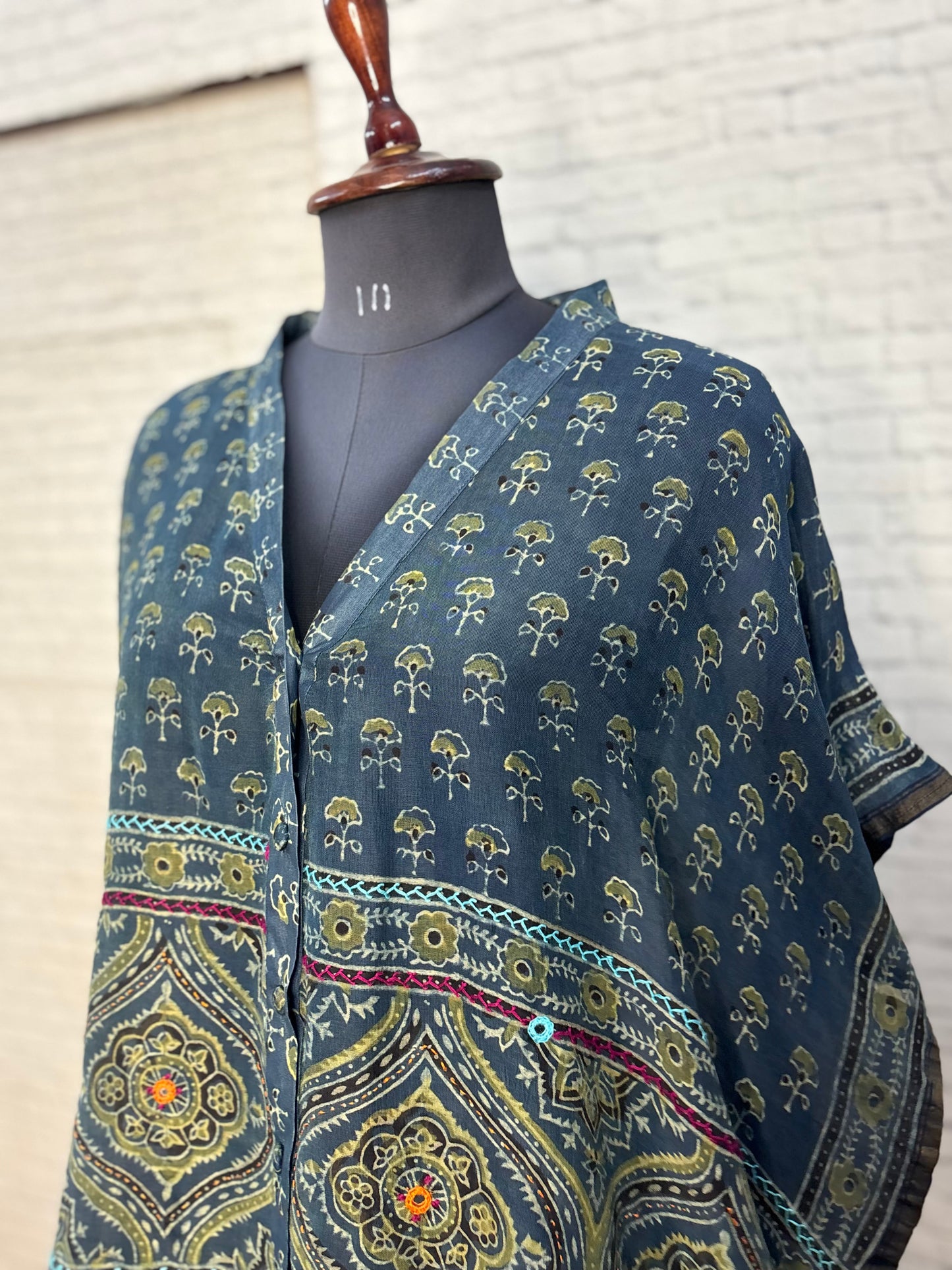 Indigo Green Ajrakh Chanderi Shirt Kaftan with Hand Embroidery