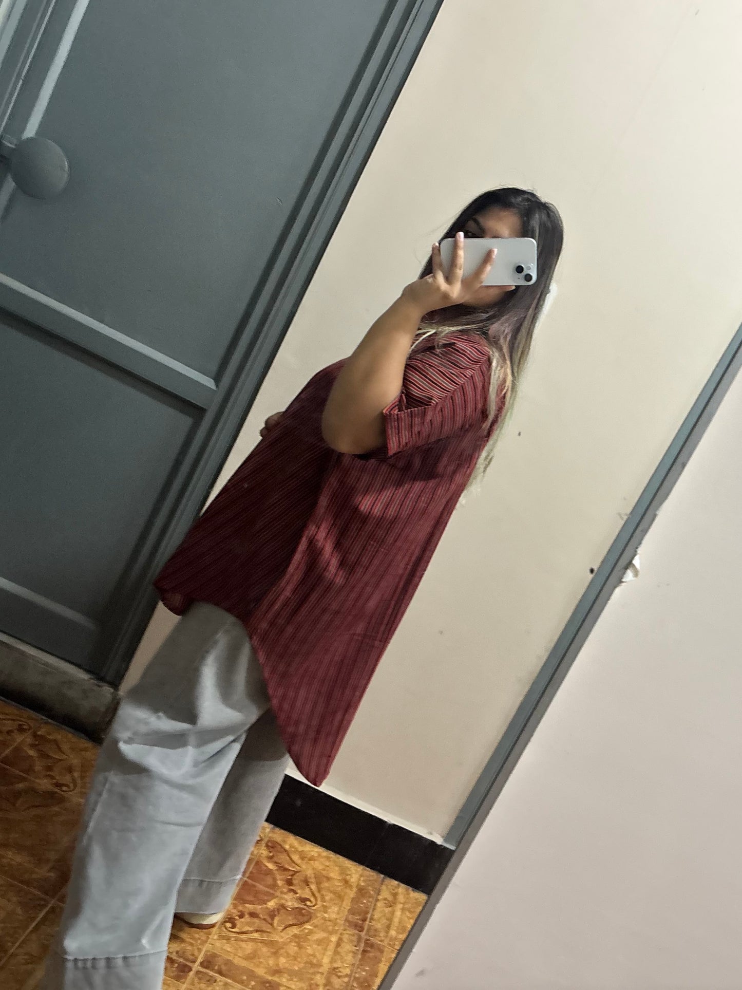 Red Ajrakh Stripes Cotton High Low Shirt Kaftan