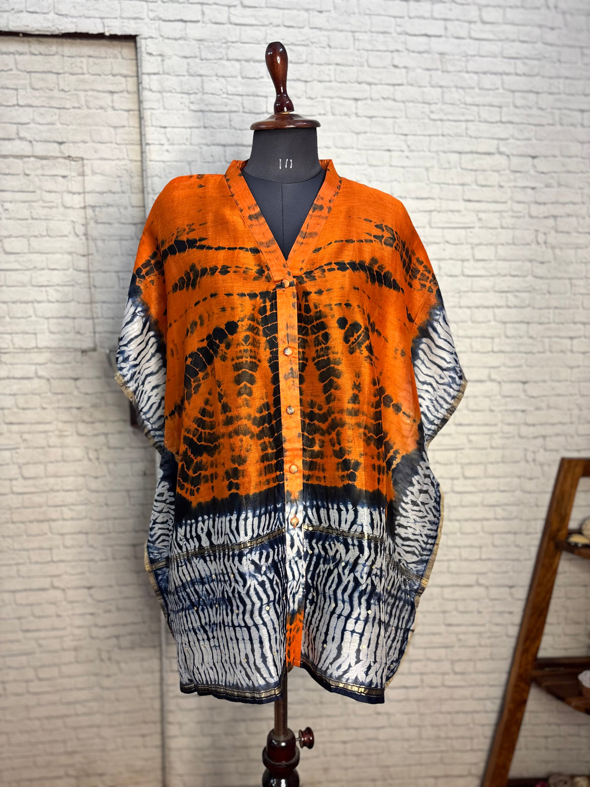 Orange Blue Shibori Chanderi Shirt Kaftan with Sequin Detailing