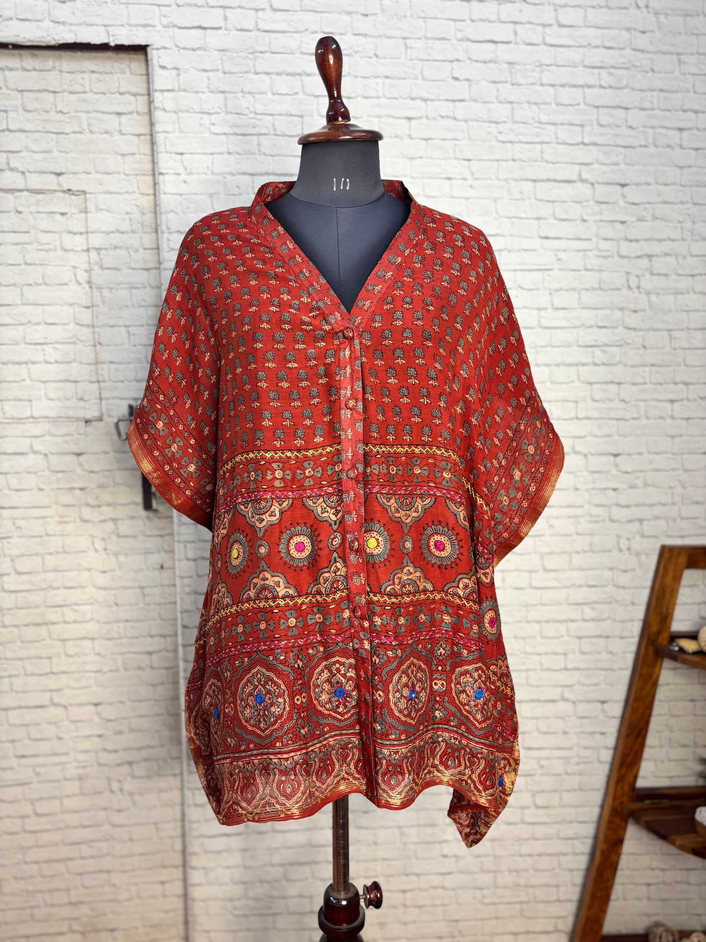 Red Ajrakh Chanderi Shirt Kaftan with Hand Embroidery
