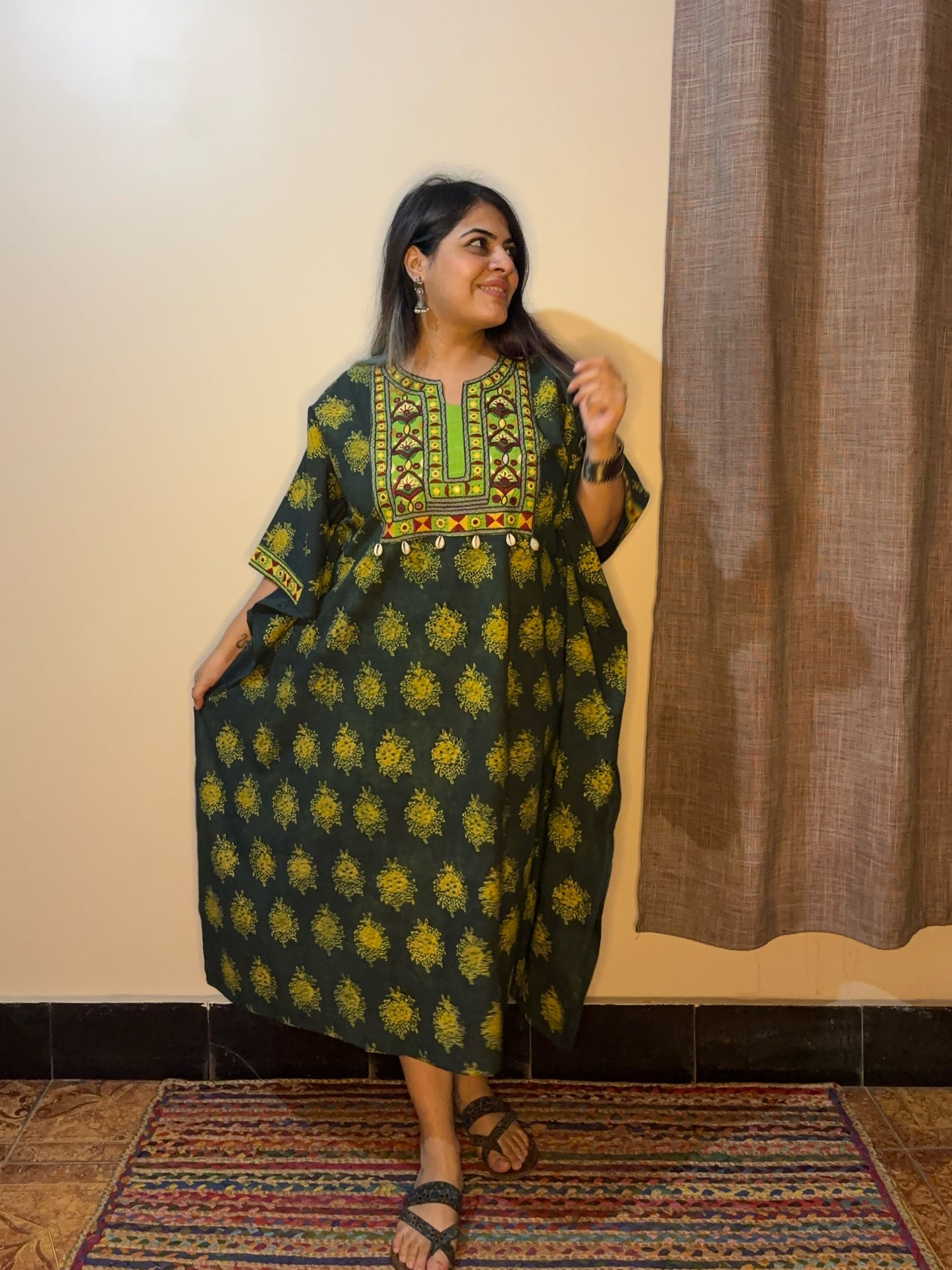 Green Ajrakh Hand Embroidered Patch Kaftan