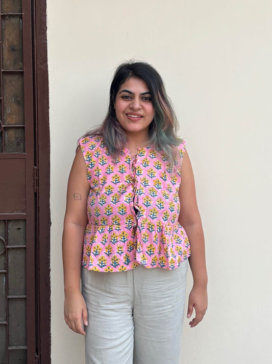 Pink Yellow Hand Block Printed Front Tie Sleeveless Top