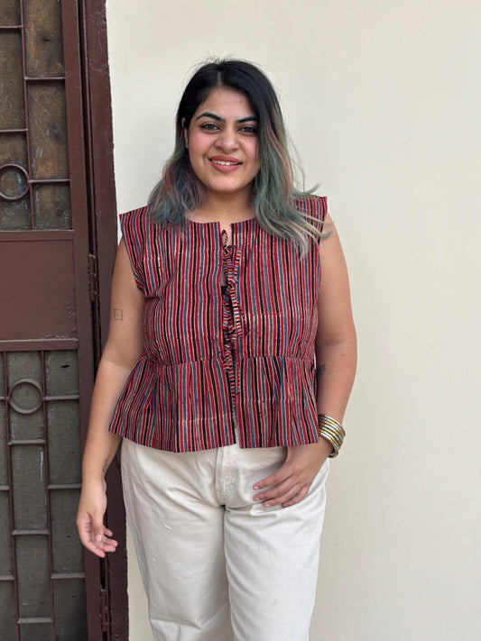 Red Stripes Ajrakh Hand Block Printed Front Tie Sleeveless Top