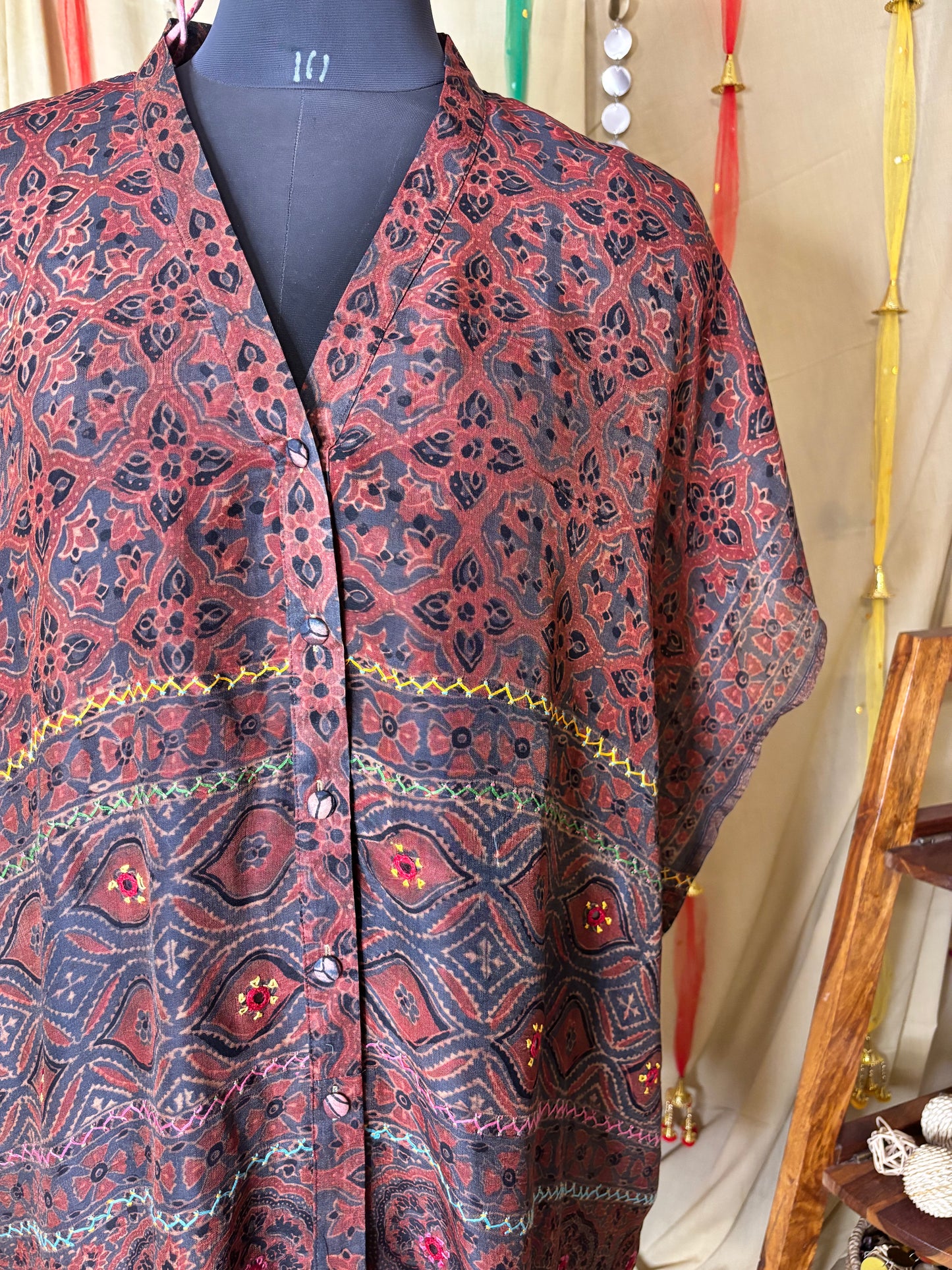 Indigo Red Ajrakh Chanderi Shirt Kaftan with Hand Embroidery