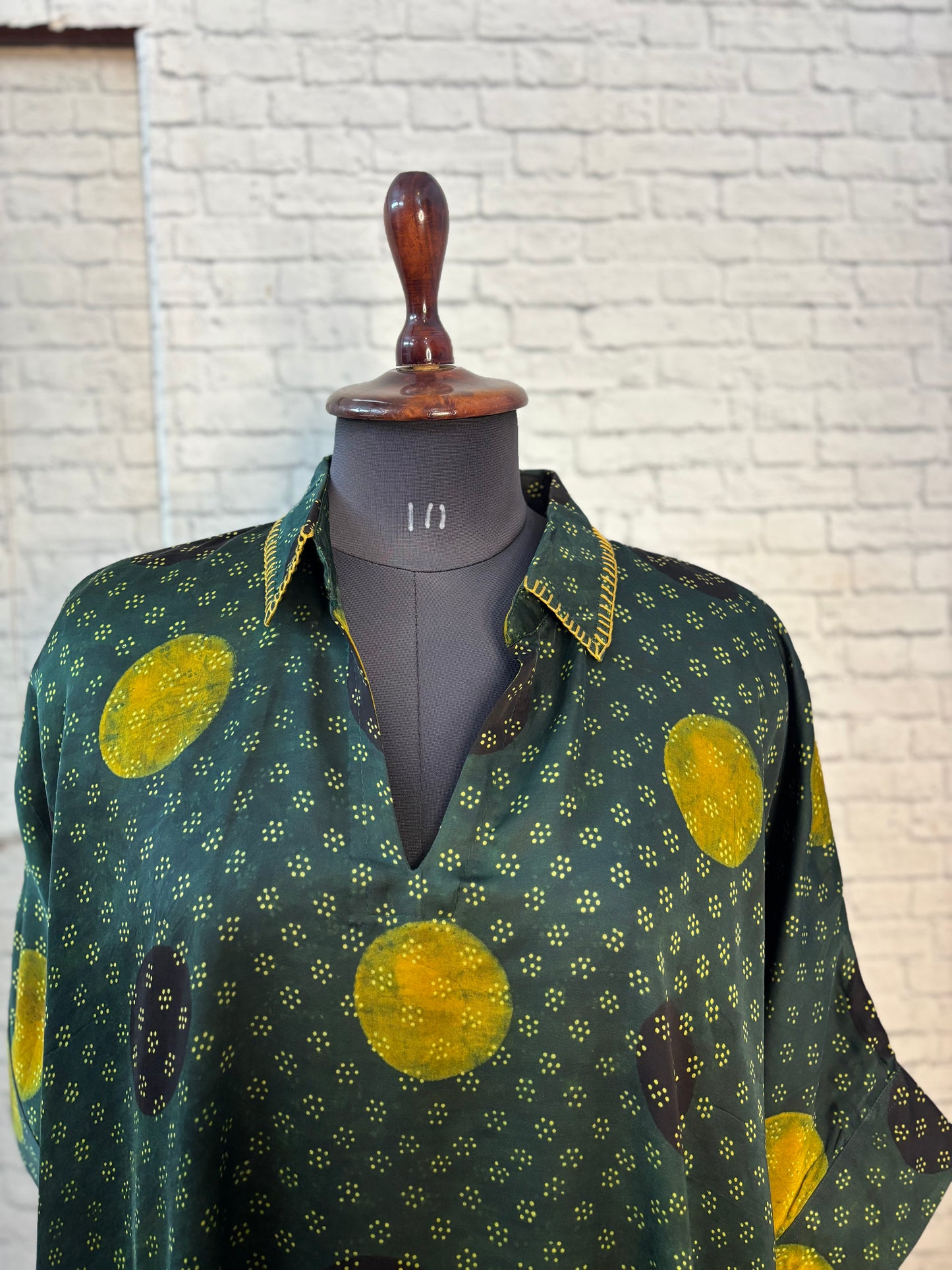Green Yellow Circle Modal Silk Ajrakh Kaftan Top