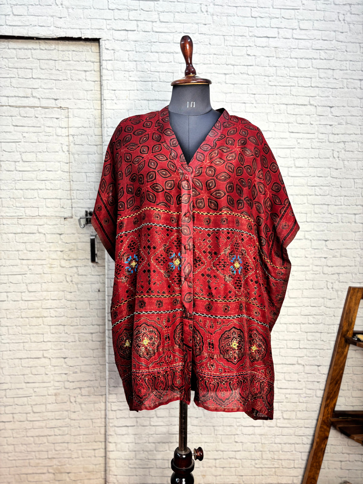 Red Ajrakh Chanderi Shirt Kaftan with Hand Embroidery