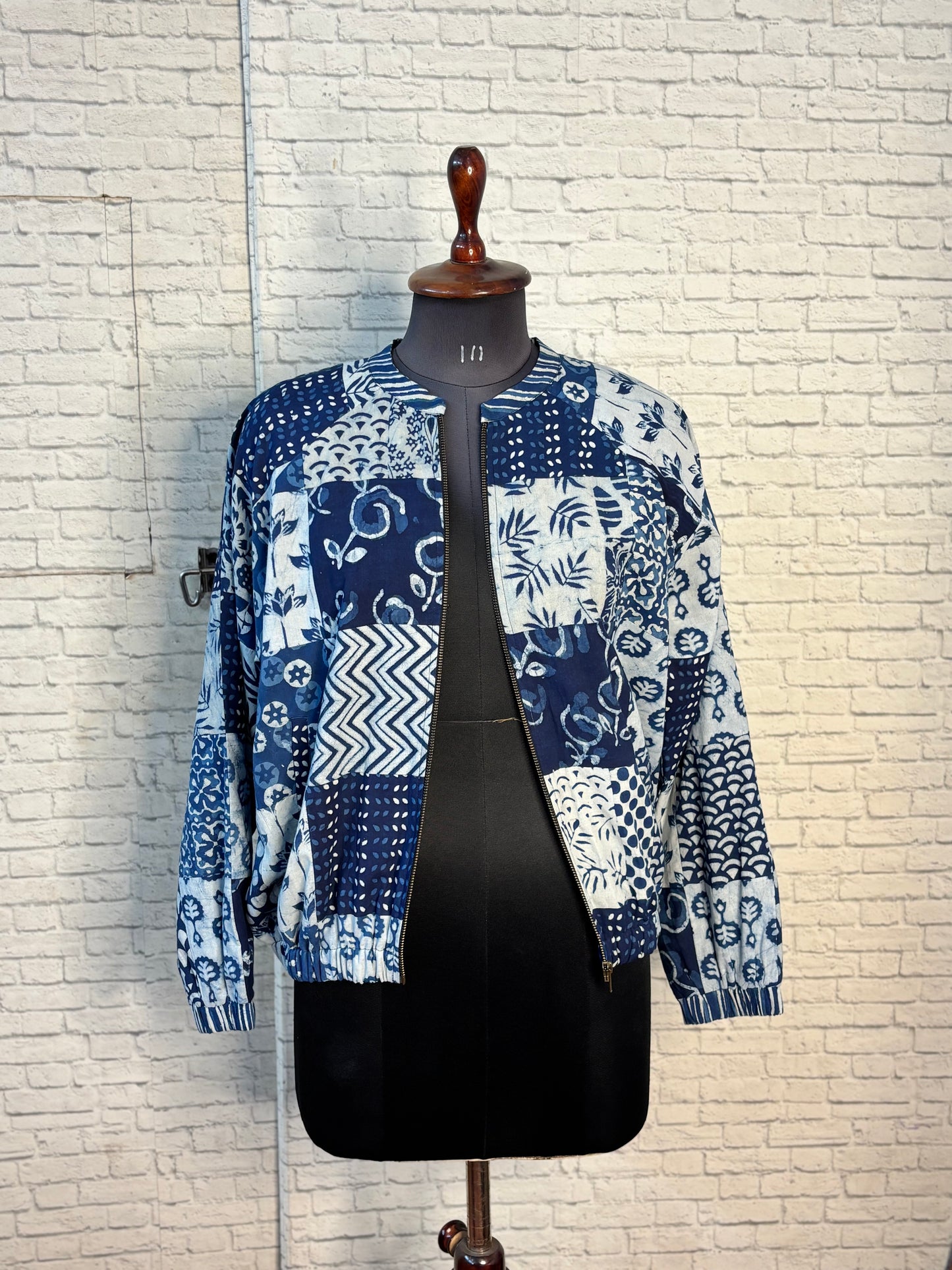Indigo Dabu Block Printed Patch Work Unisex Bomber Jacket