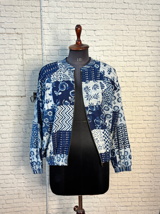 Indigo Dabu Block Printed Patch Work Unisex Bomber Jacket