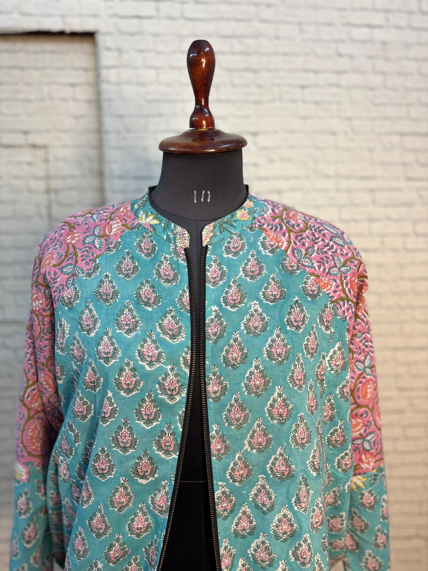 Green Pink Hand Block Printed Unisex Bomber Jacket