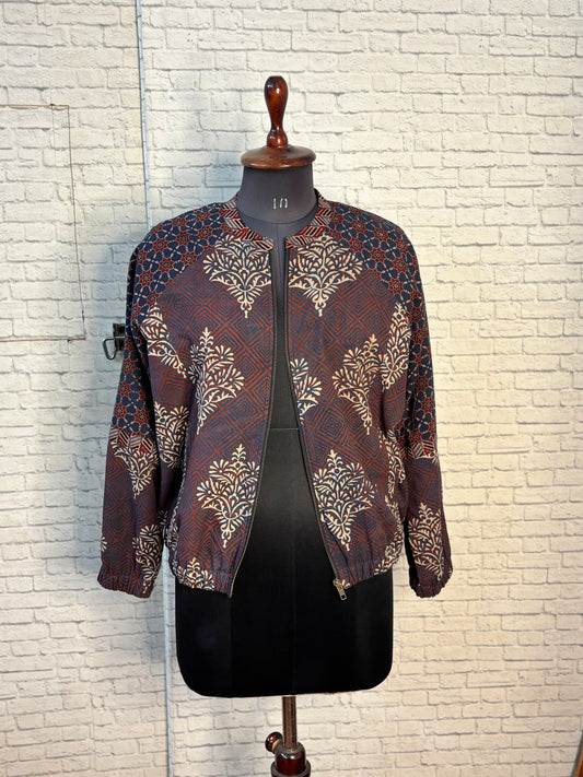Indigo Maroon Hand Block Printed Unisex Bomber Jacket