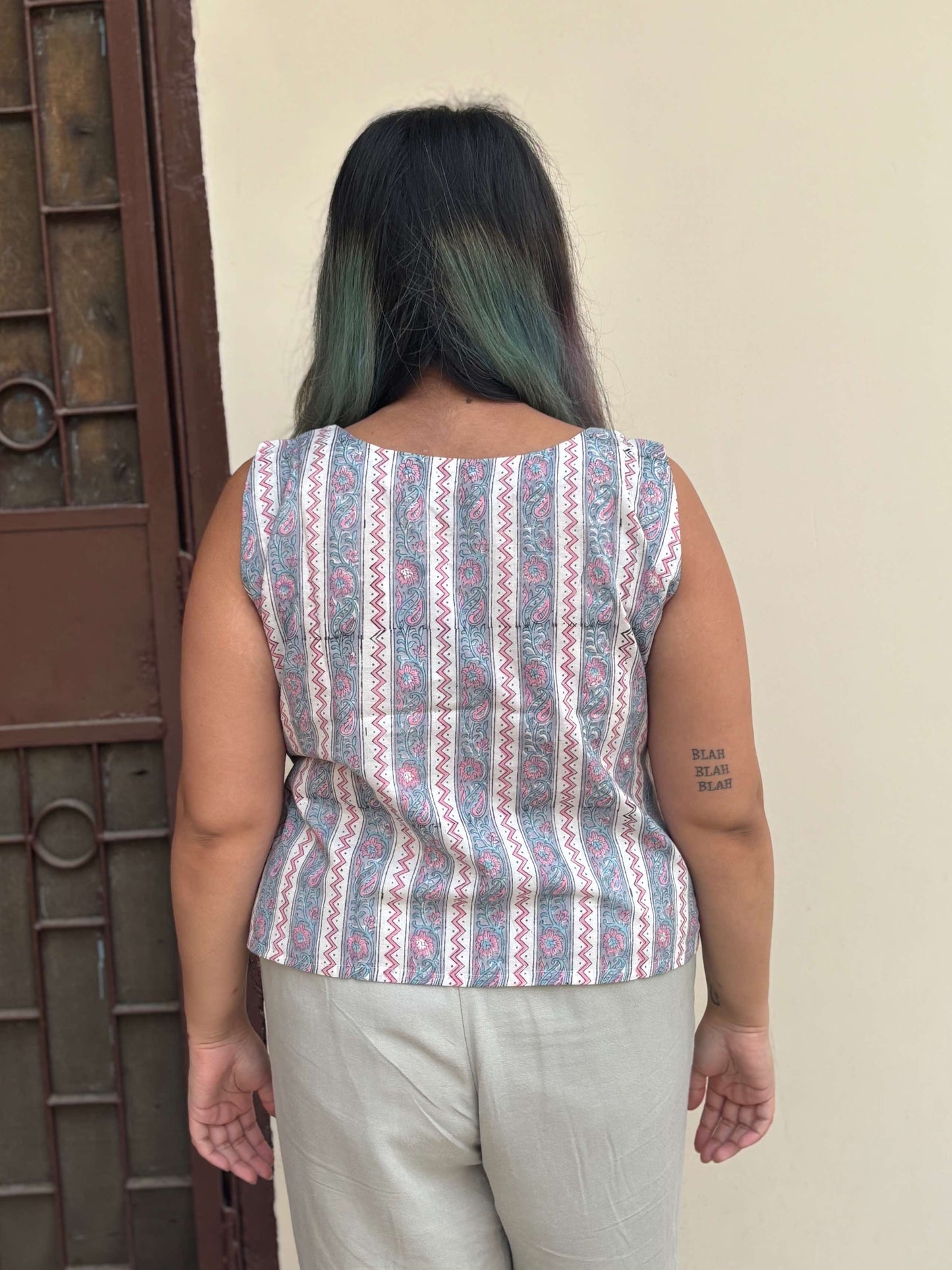 Grey Pink Hand Block Printed Sleeveless Crop Top