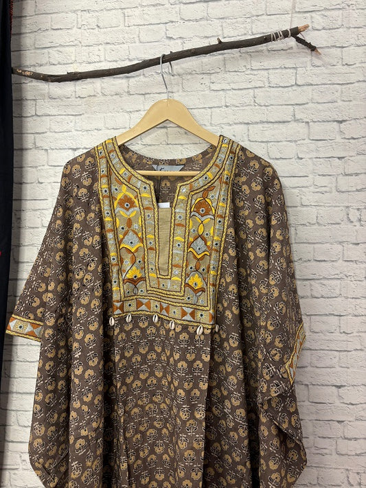 Kashish Yellow Ajrakh Hand Embroidered Patch Kaftan