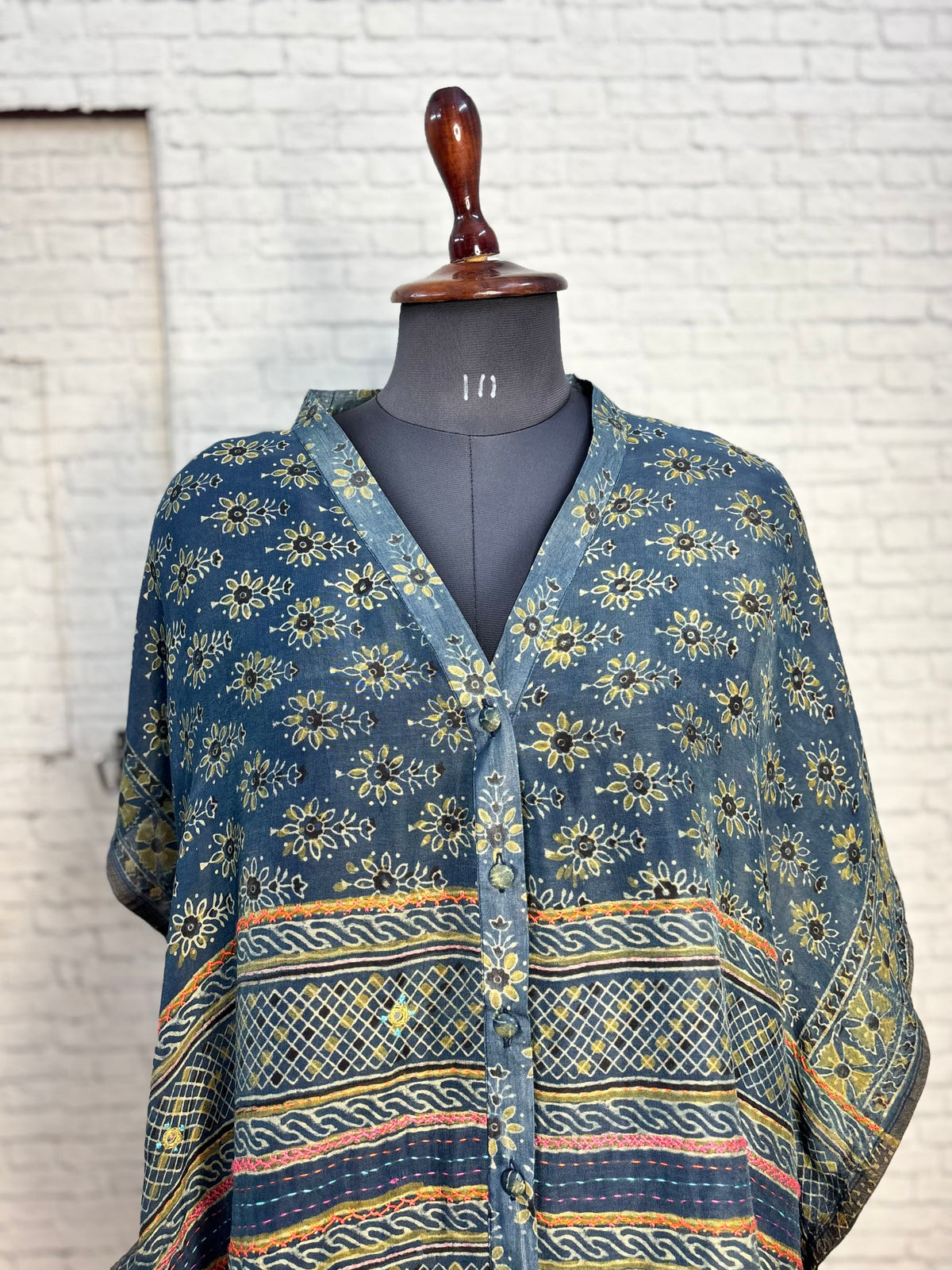 Indigo Green Ajrakh Chanderi Shirt Kaftan with Hand Embroidery