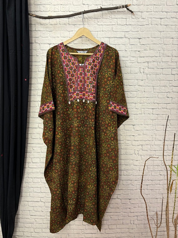 Green Red Ajrakh Hand Embroidered Patch Kaftan