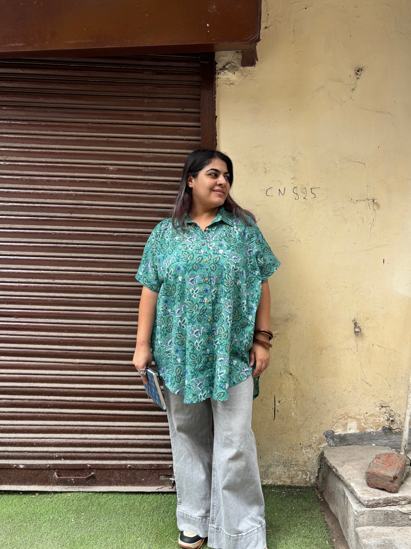 Green Floral  Hand Block Printed Cotton High Low Shirt Kaftan