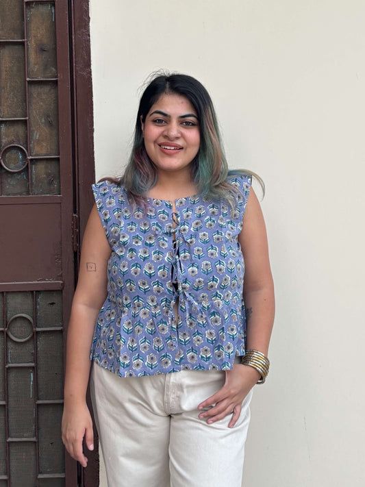 Purple Brown Hand Block Printed Front Tie Sleeveless Top