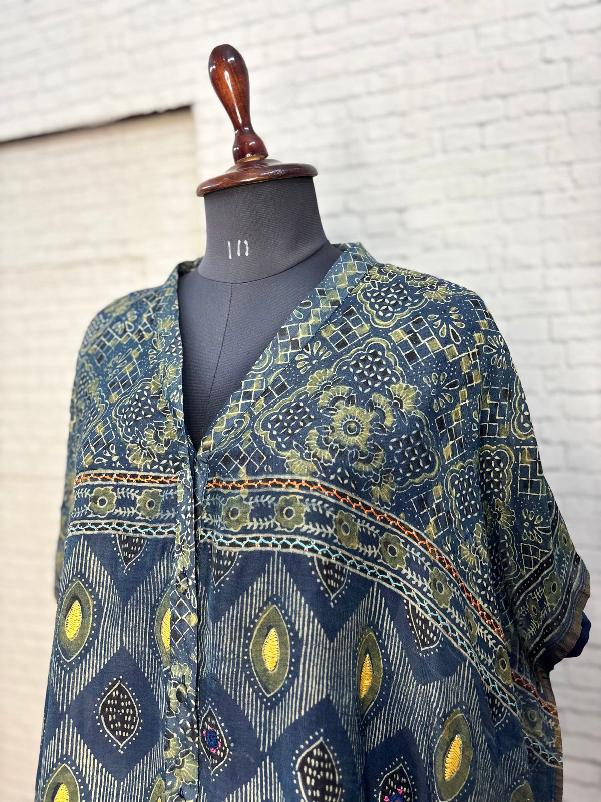 Indigo Green Ajrakh Chanderi Shirt Kaftan with Hand Embroidery