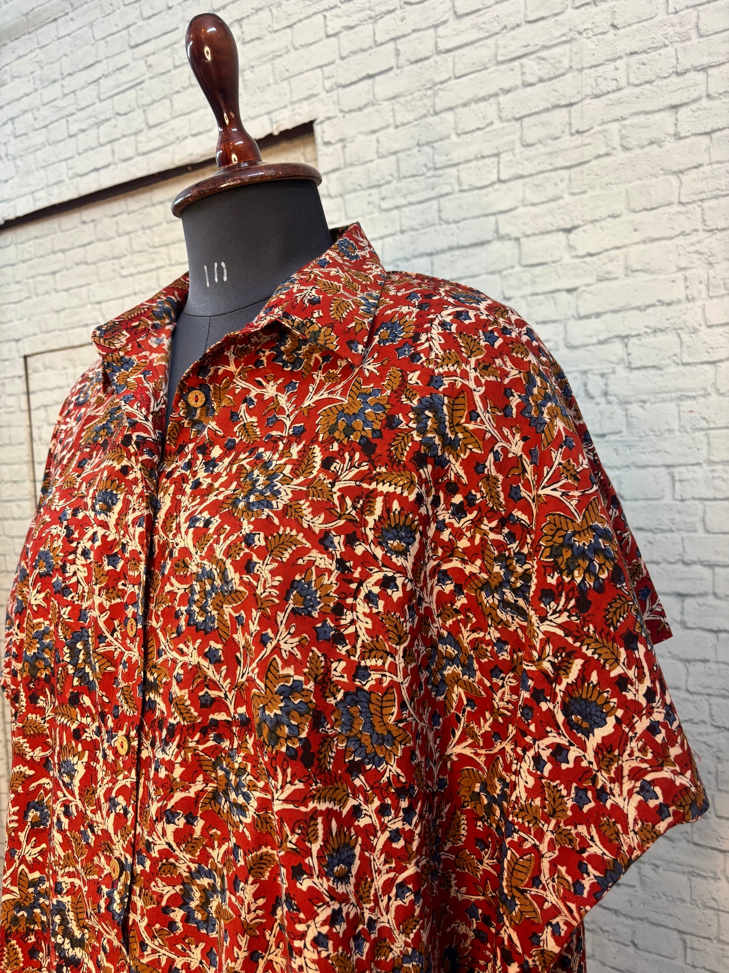 Red Kalamkari Hand Block Printed Cotton High Low Shirt Kaftan