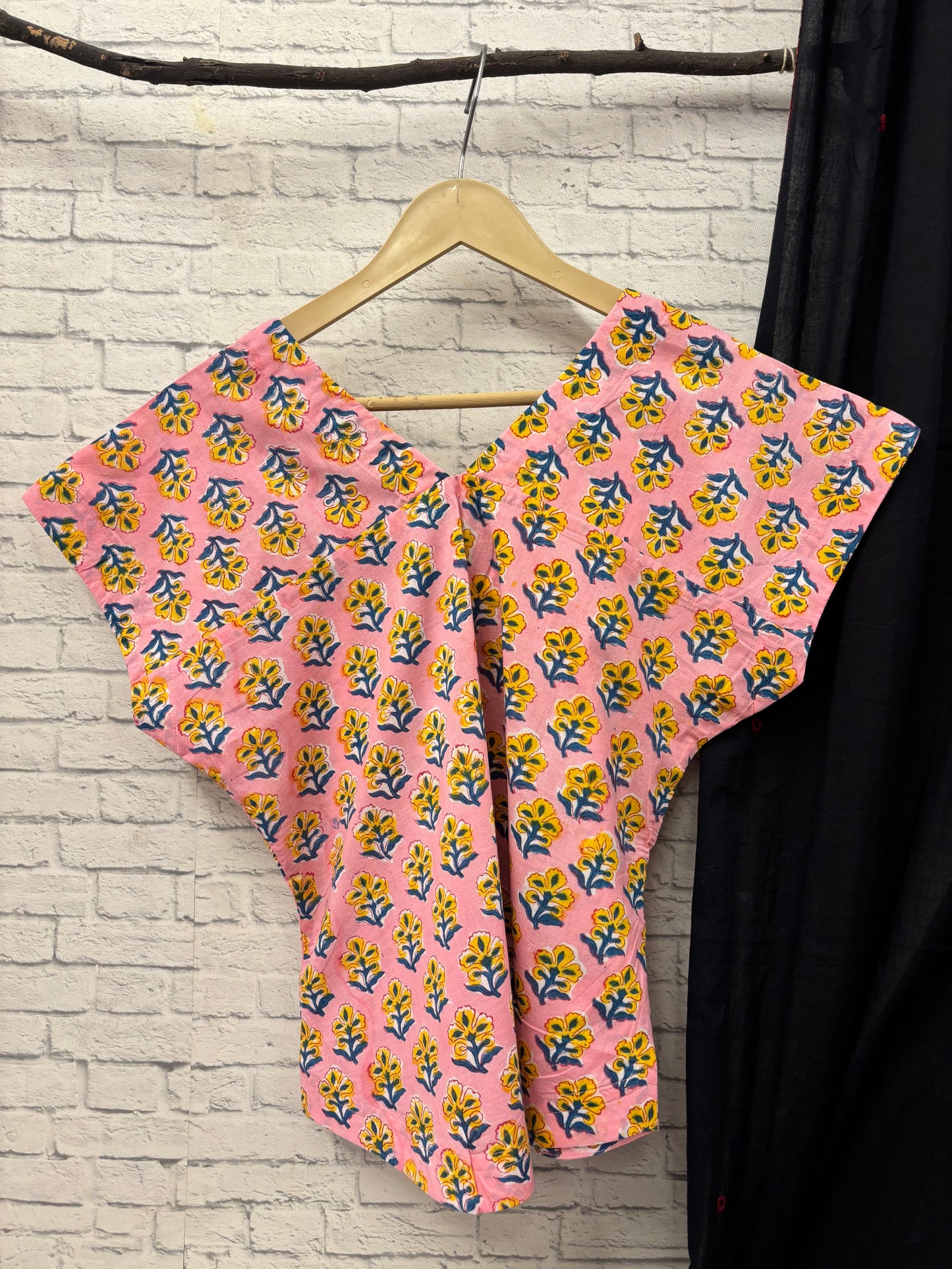 Pink Yellow Hand Block Printed Shirt with Mega Sleeves