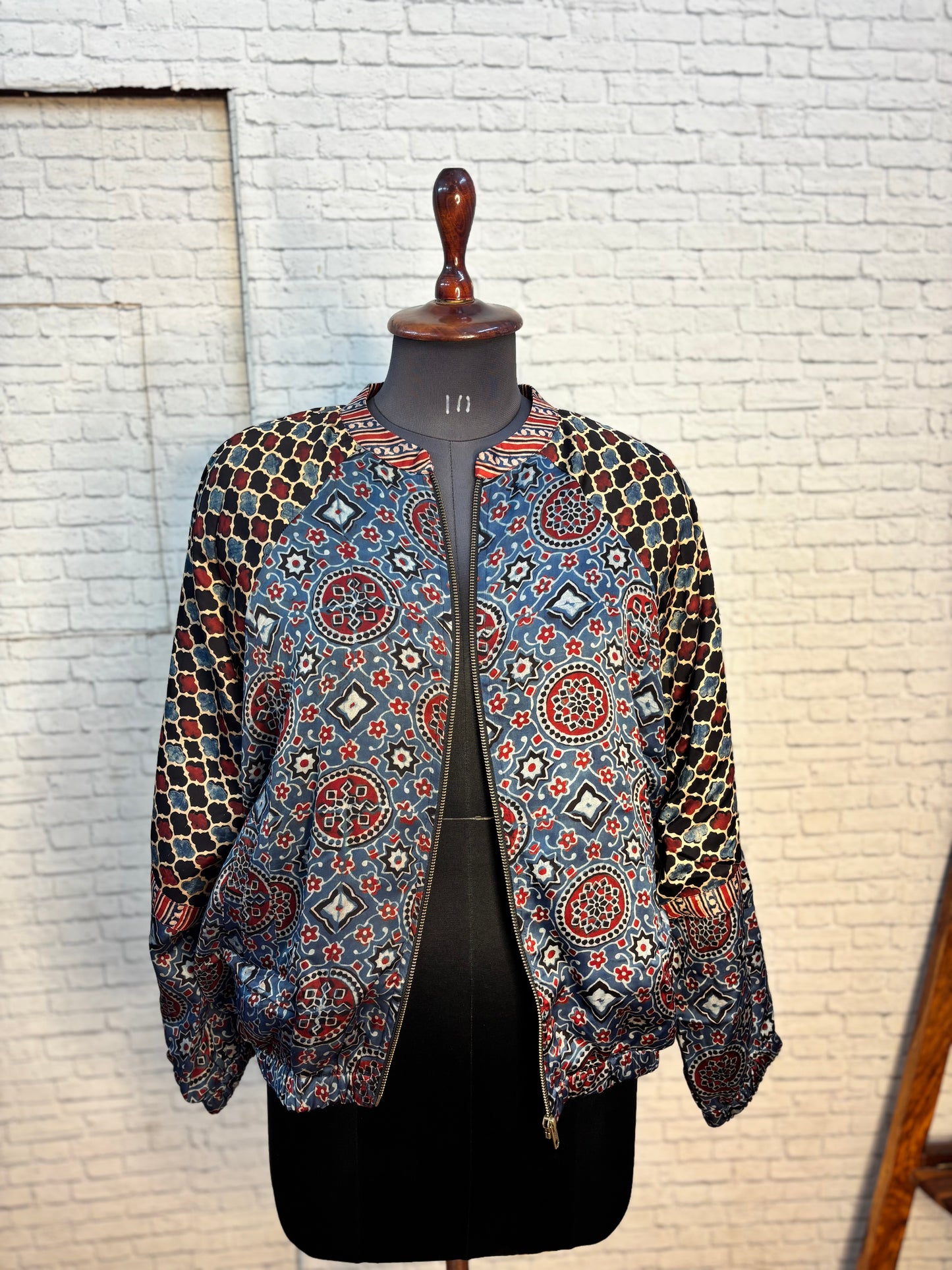 Indigo Black Modal Silk Ajrakh Unisex Bomber Jacket