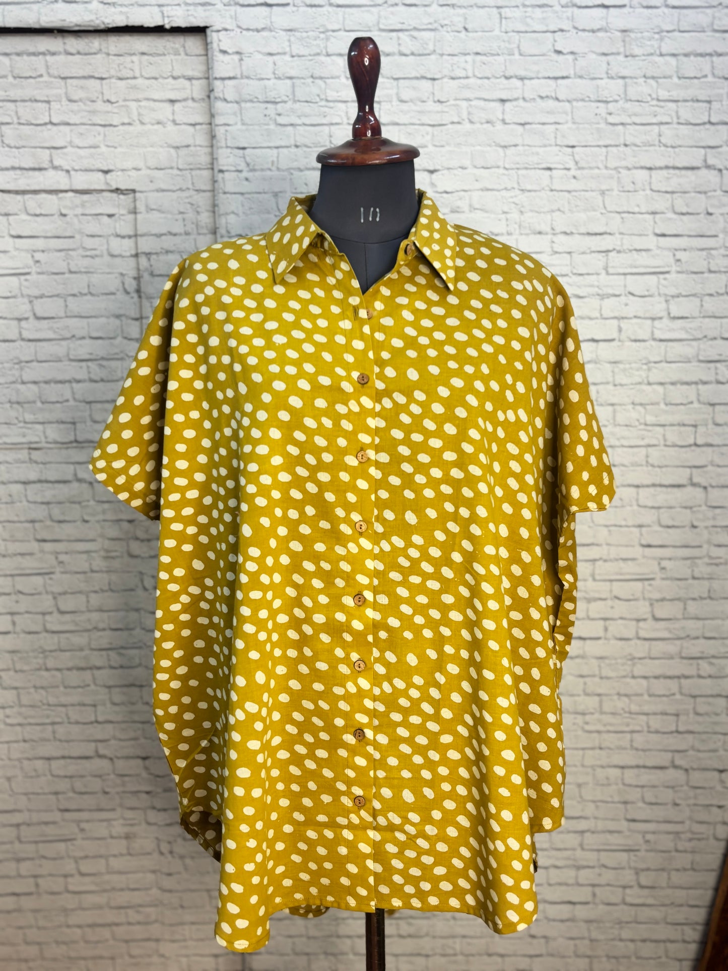 Mustard Polka Dot Cotton High Low Shirt Kaftan