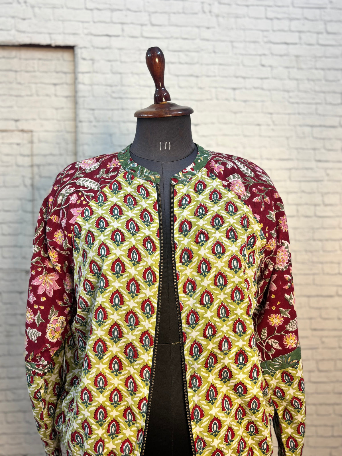 Green Red Hand Block Printed Unisex Bomber Jacket