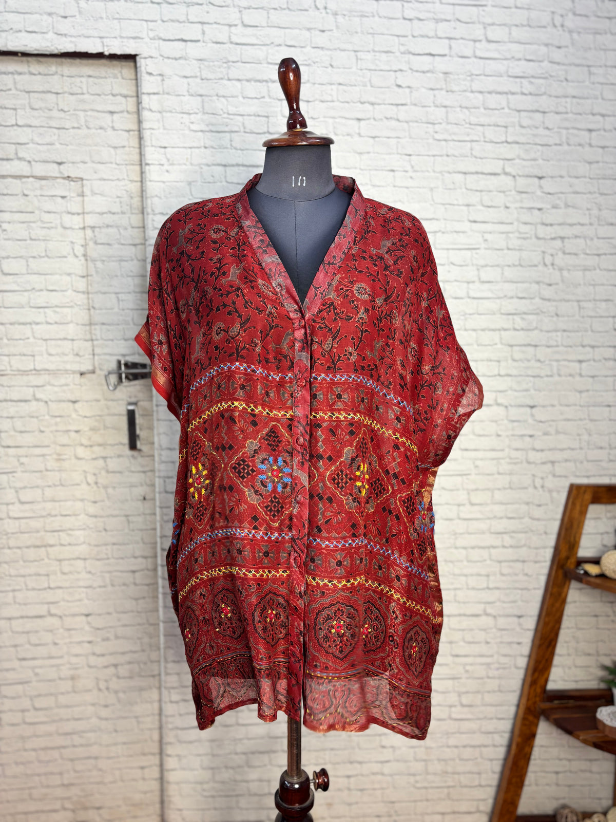Red Ajrakh Chanderi Shirt Kaftan with Hand Embroidery