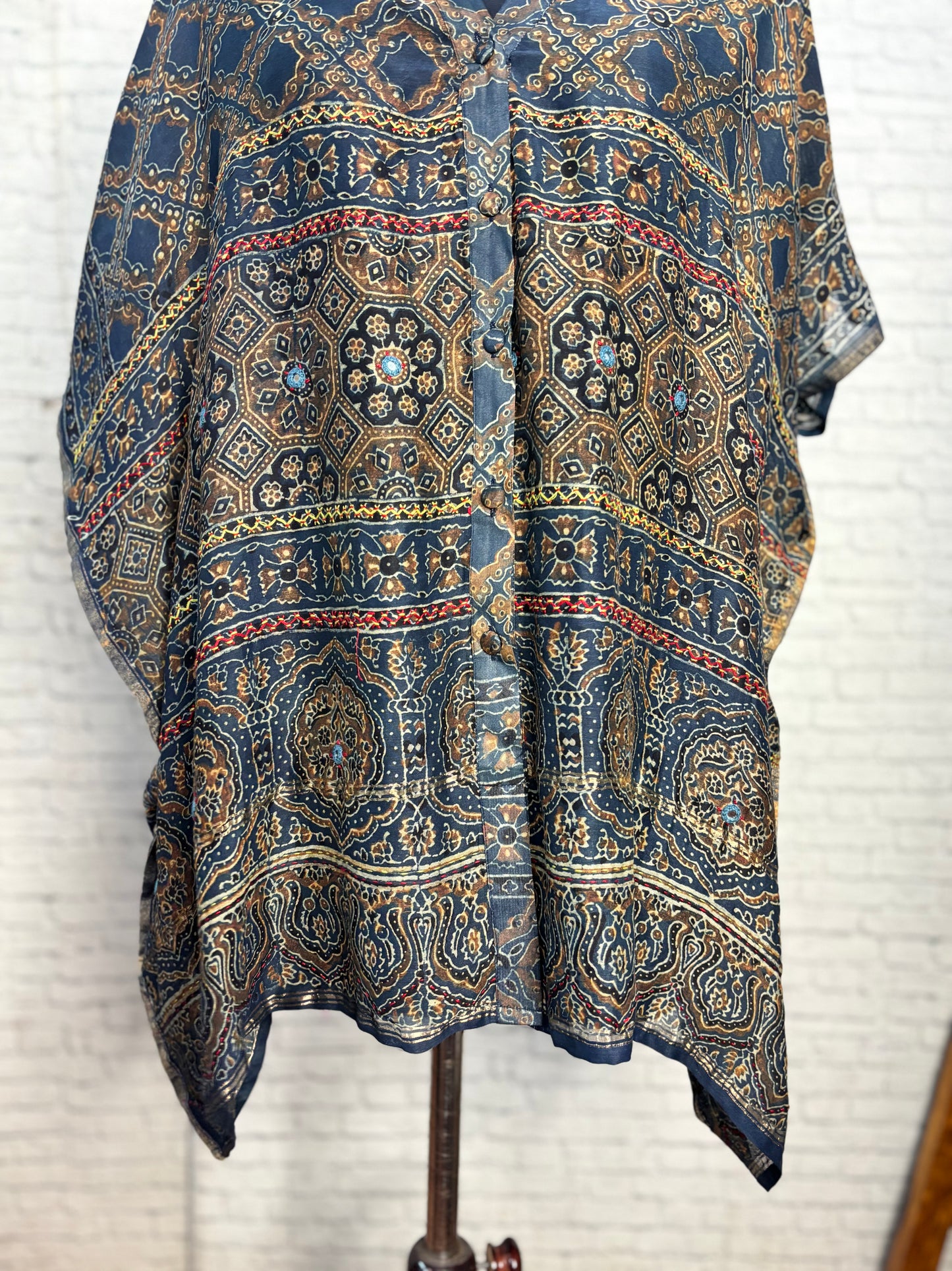 Indigo Red Ajrakh Chanderi Shirt Kaftan with Hand Embroidery
