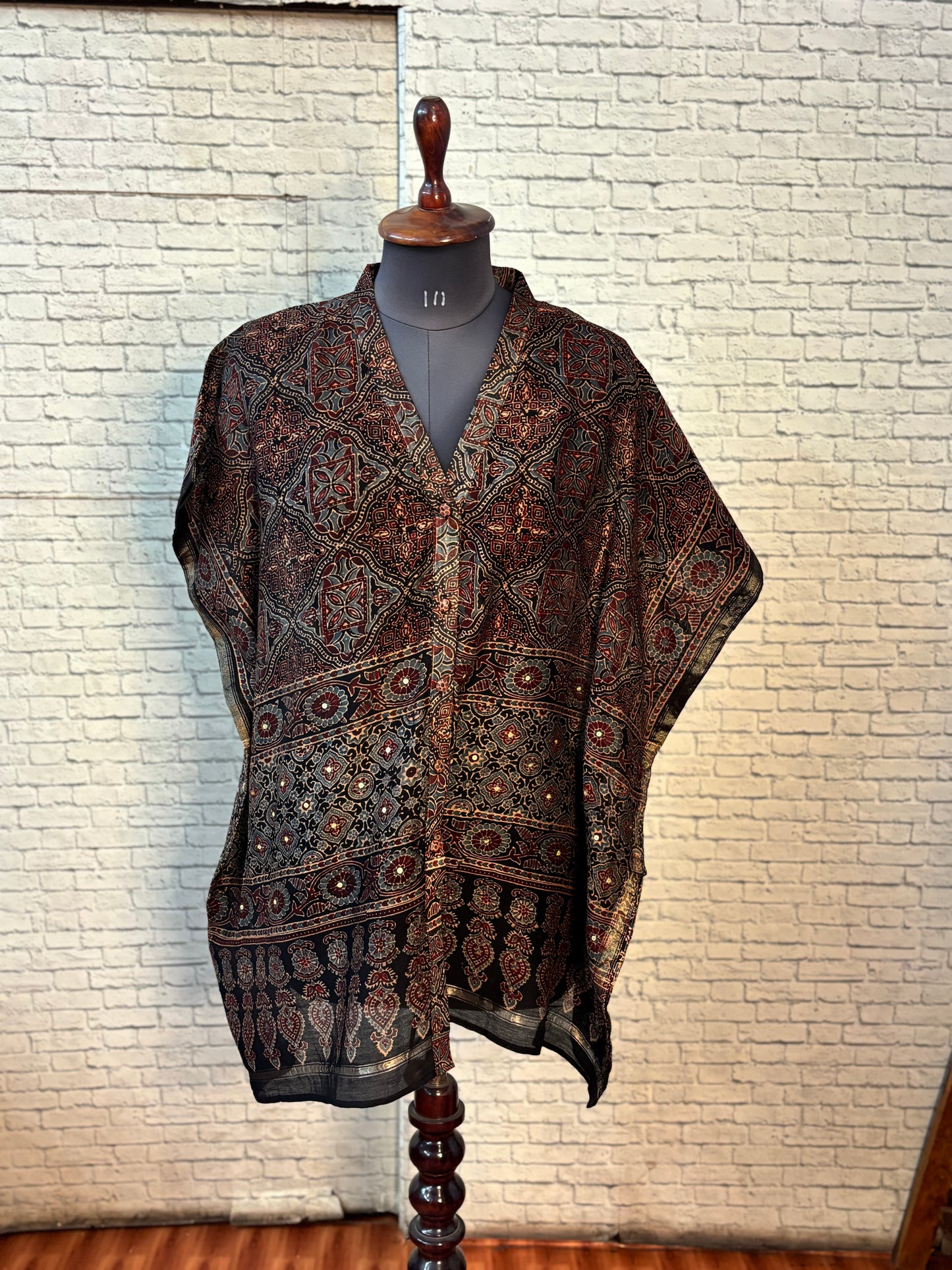 Black Ajrakh Chanderi Shirt Kaftan with Sequin Detailing
