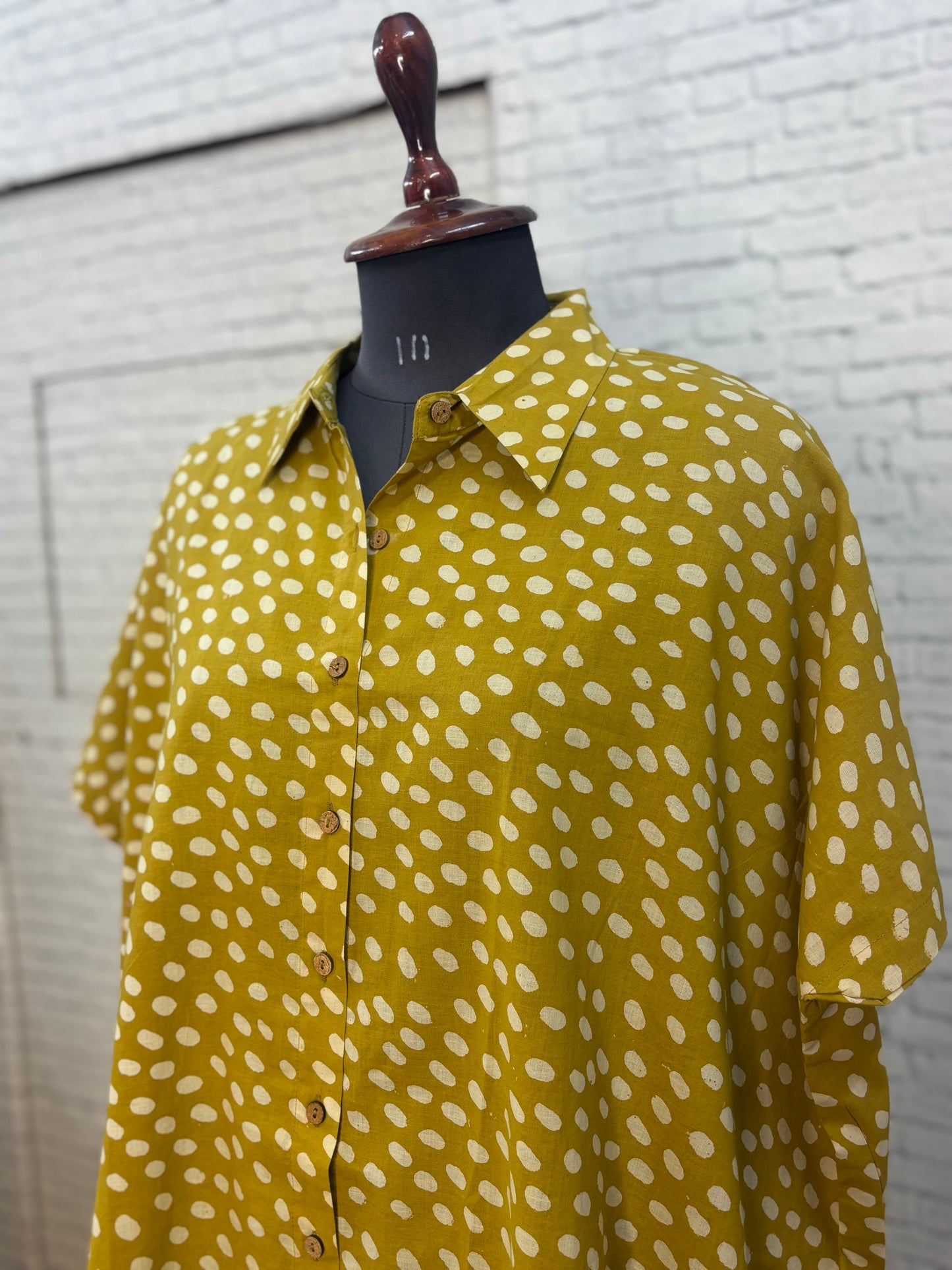 Mustard Polka Dot Cotton High Low Shirt Kaftan