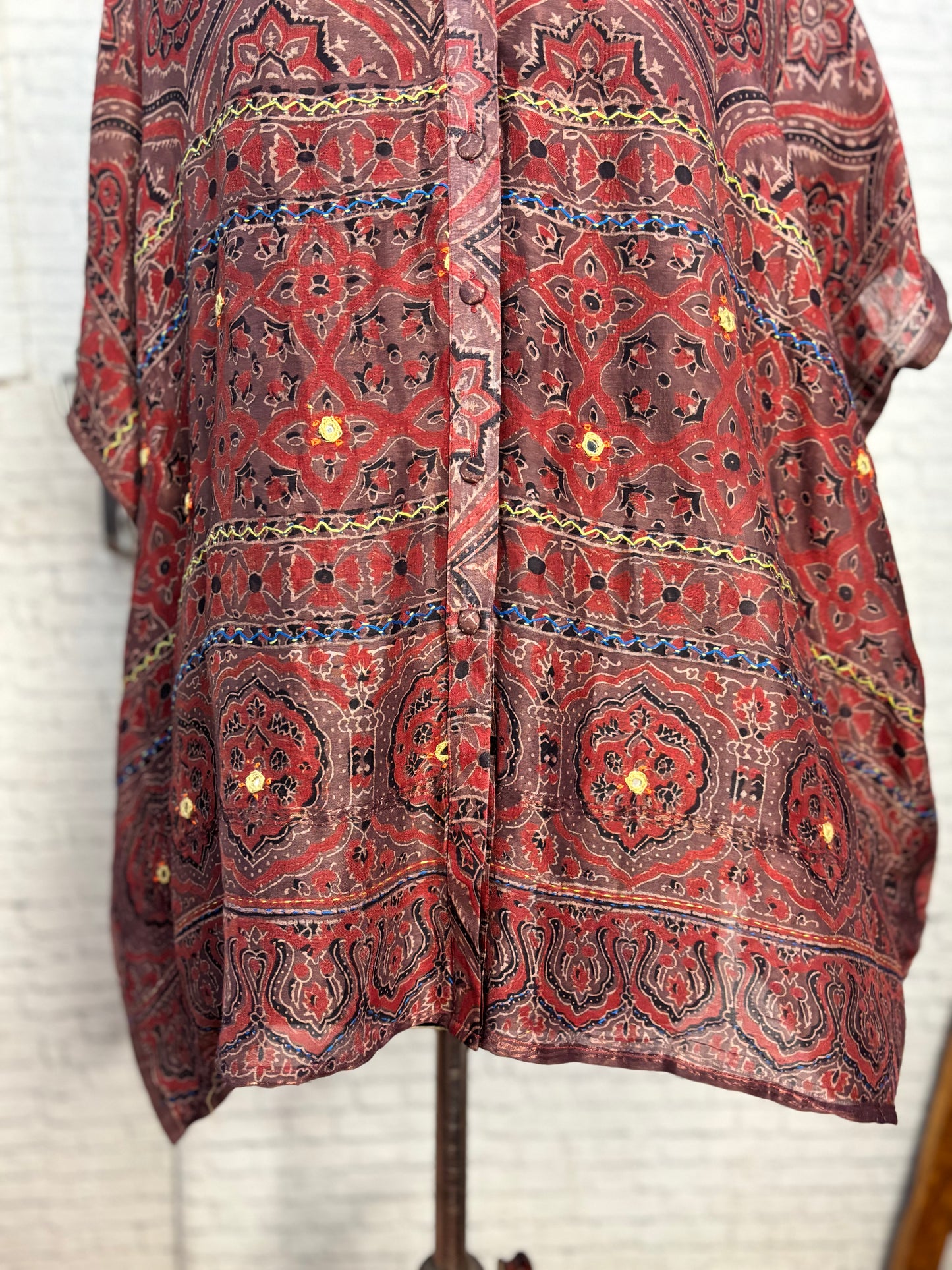 Kashish Red Ajrakh Chanderi Shirt Kaftan with Hand Embroidery