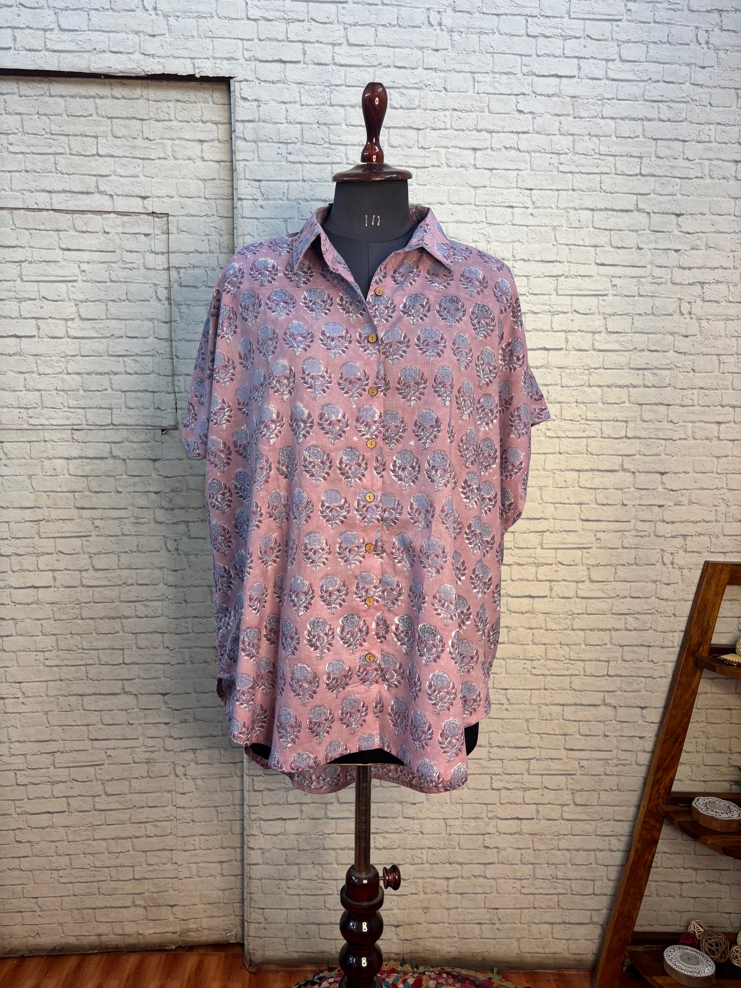 Lilac Flowers Hand Block Printed Cotton High Low Shirt Kaftan