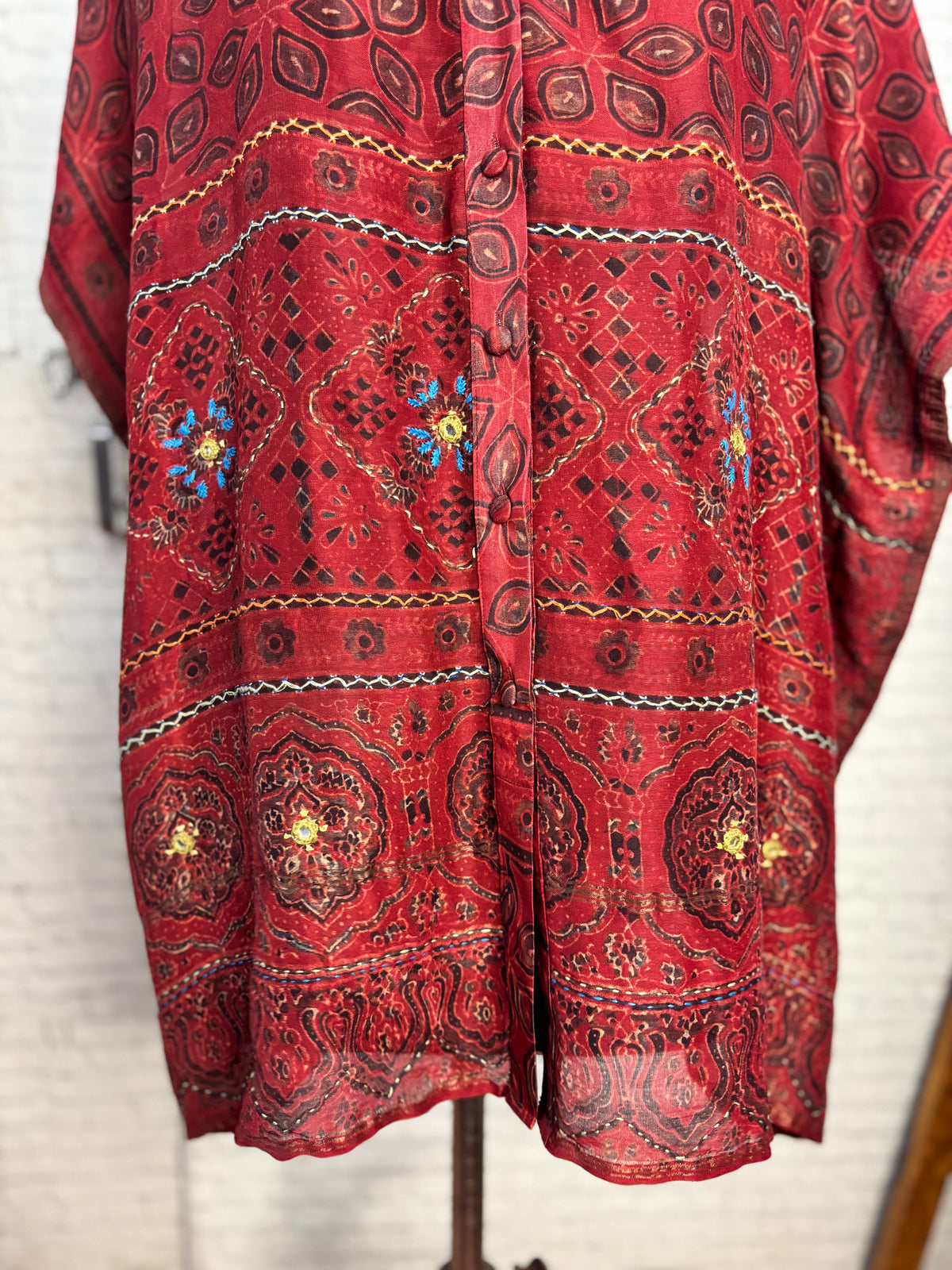 Red Ajrakh Chanderi Shirt Kaftan with Hand Embroidery