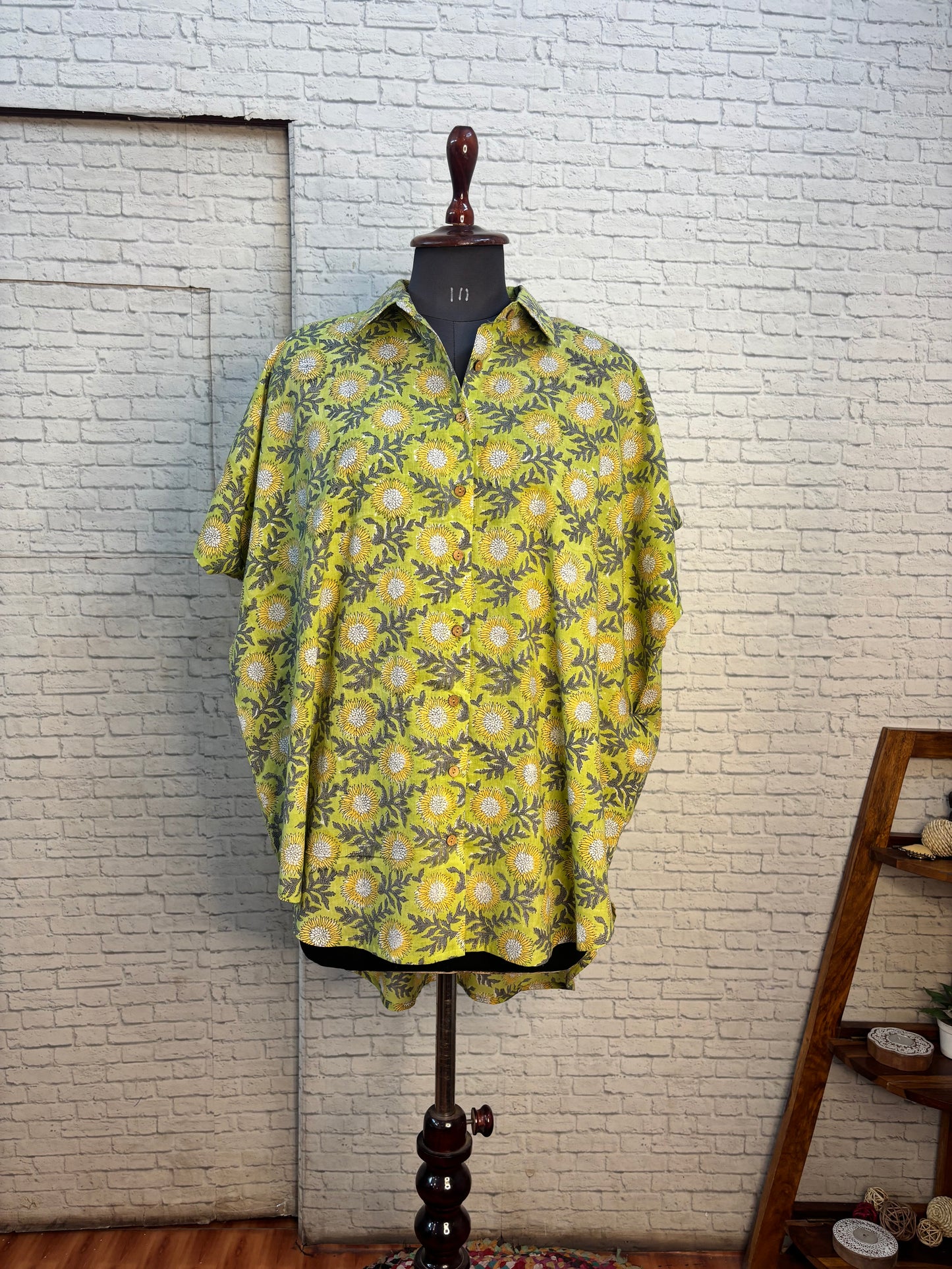 Green Yellow Floral Hand Block Printed Cotton High Low Shirt Kaftan