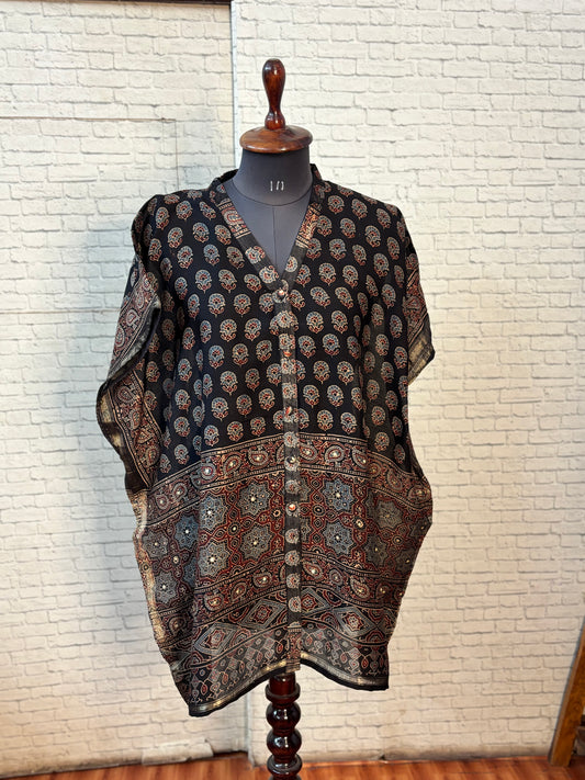 Black Ajrakh Chanderi Shirt Kaftan with Sequin Detailing